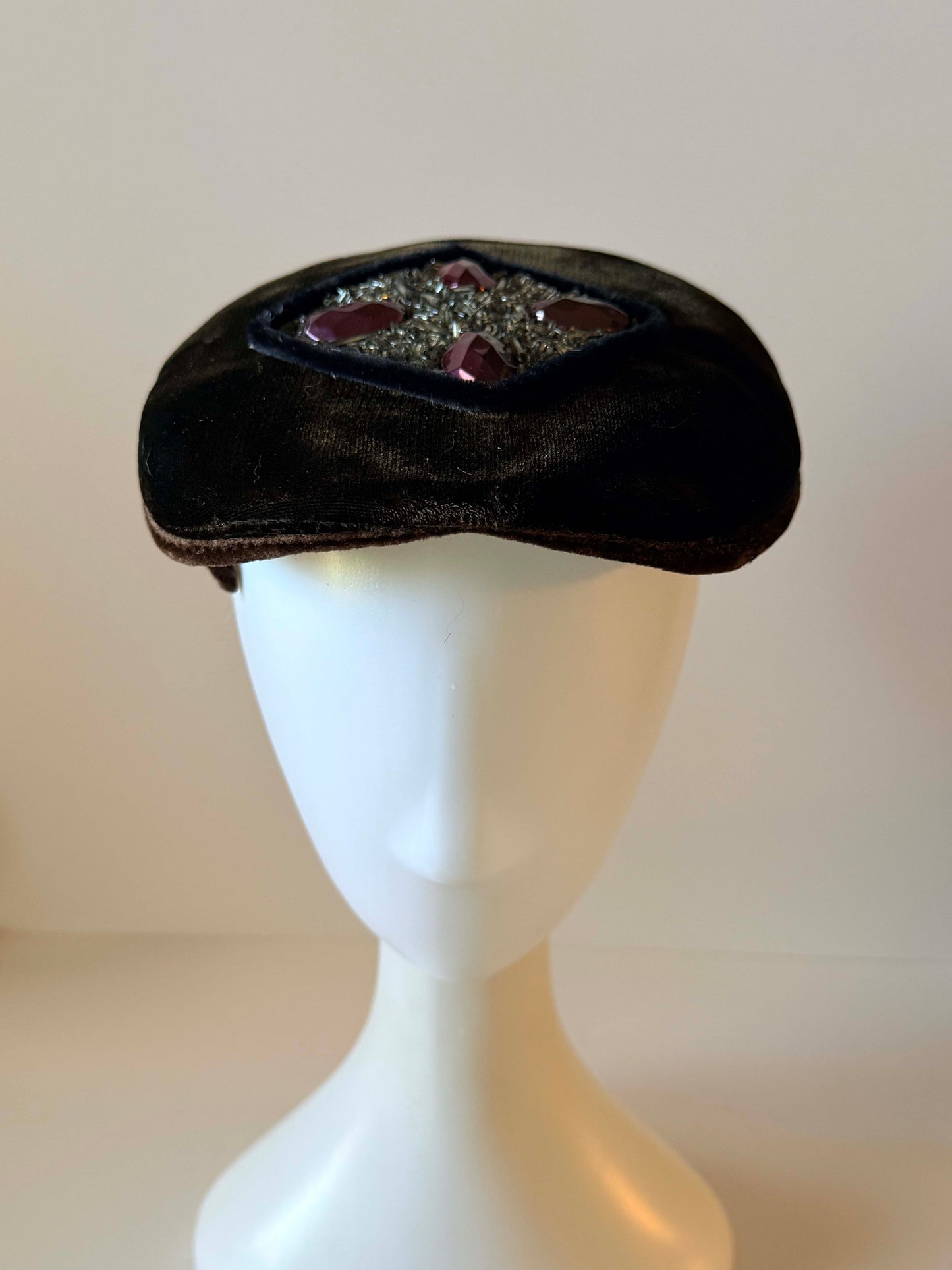 Vintage Brown Velvet Pillbox Hat | Rhinestone & Purple Jewel Cocktail Hat | 1950s Velvet Fascinator | Mid Century Evening Hat | Classic Millinery