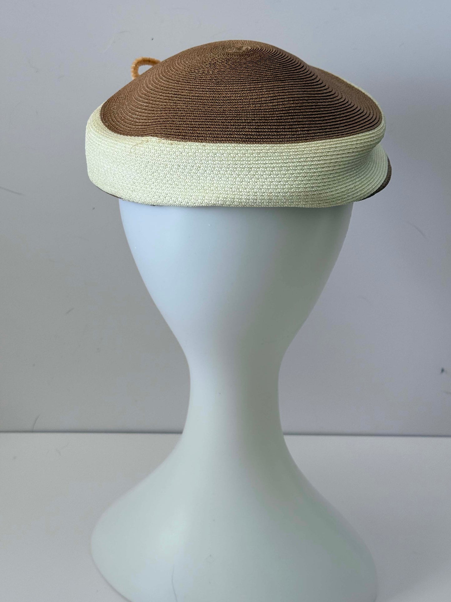 Vintage 1960s Brown & Cream Straw Hat – Joseph Horne Co Pittsburgh – Cromwell Hats – Two Tone Summer Pillbox Cap with Bow Detail