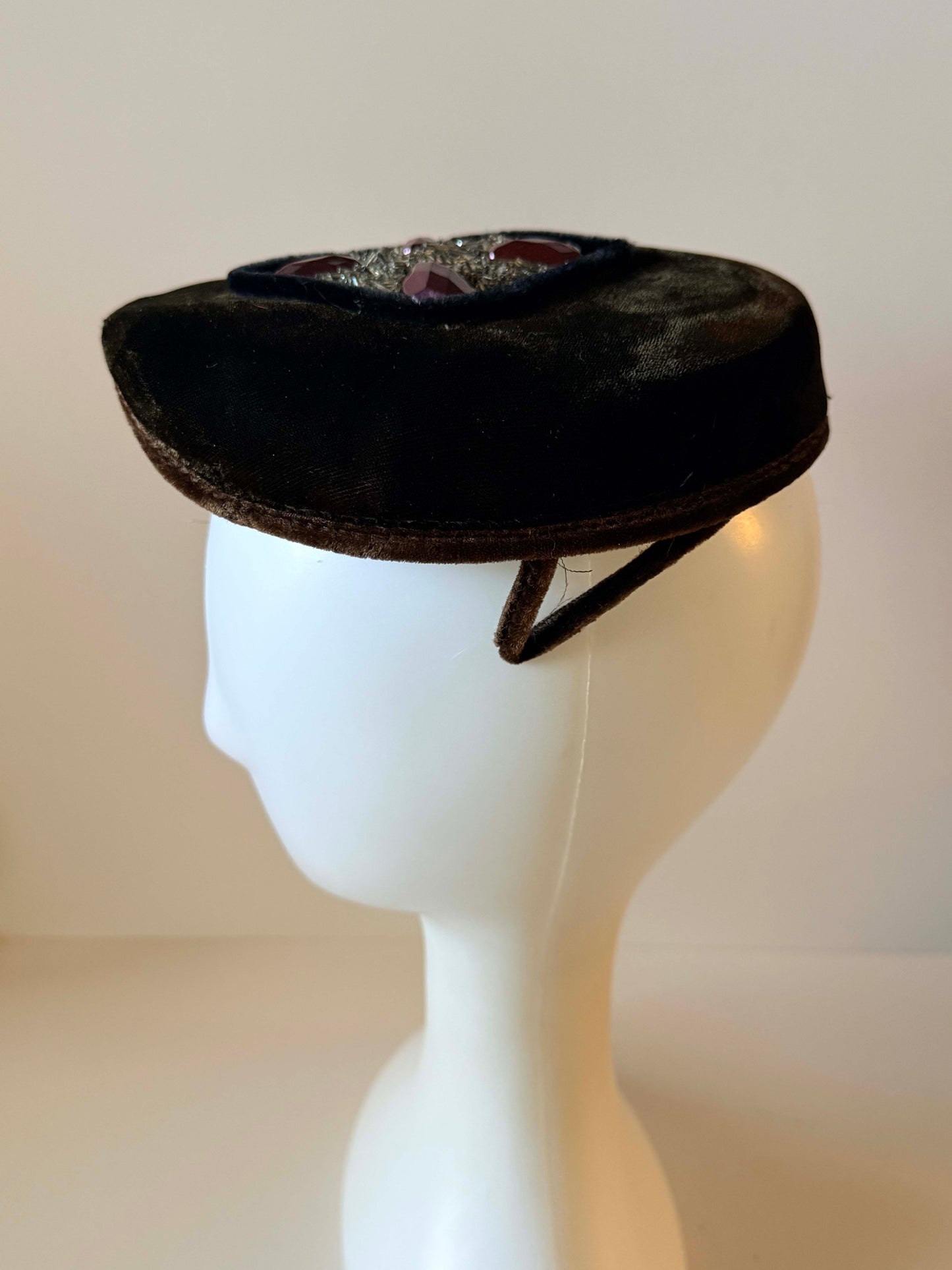 Vintage Brown Velvet Pillbox Hat | Rhinestone & Purple Jewel Cocktail Hat | 1950s Velvet Fascinator | Mid Century Evening Hat | Classic Millinery