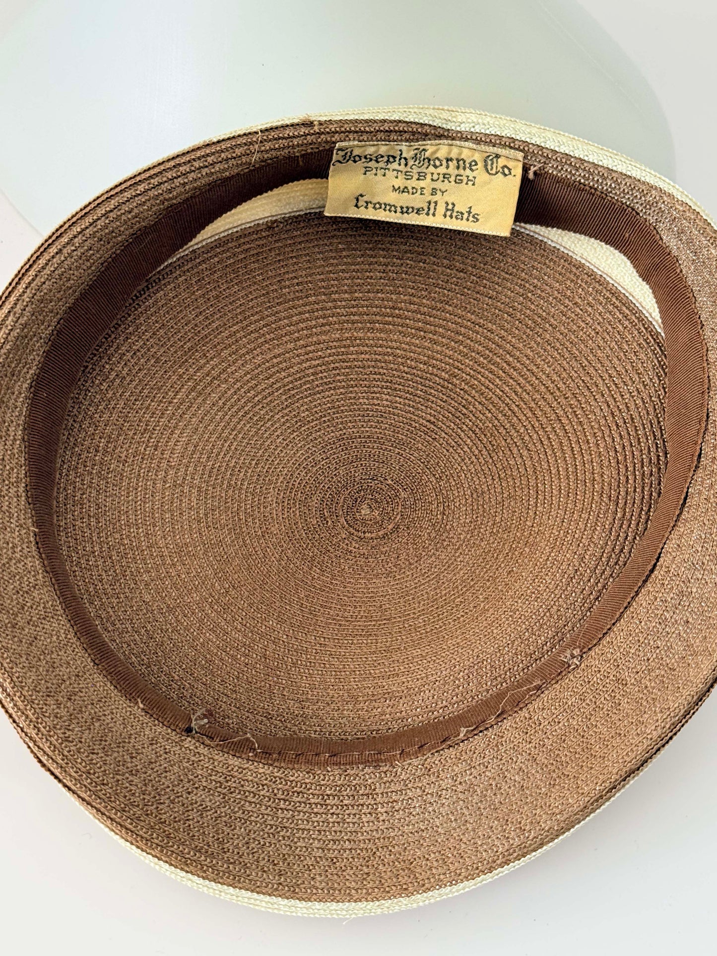 Vintage 1960s Brown & Cream Straw Hat – Joseph Horne Co Pittsburgh – Cromwell Hats – Two Tone Summer Pillbox Cap with Bow Detail