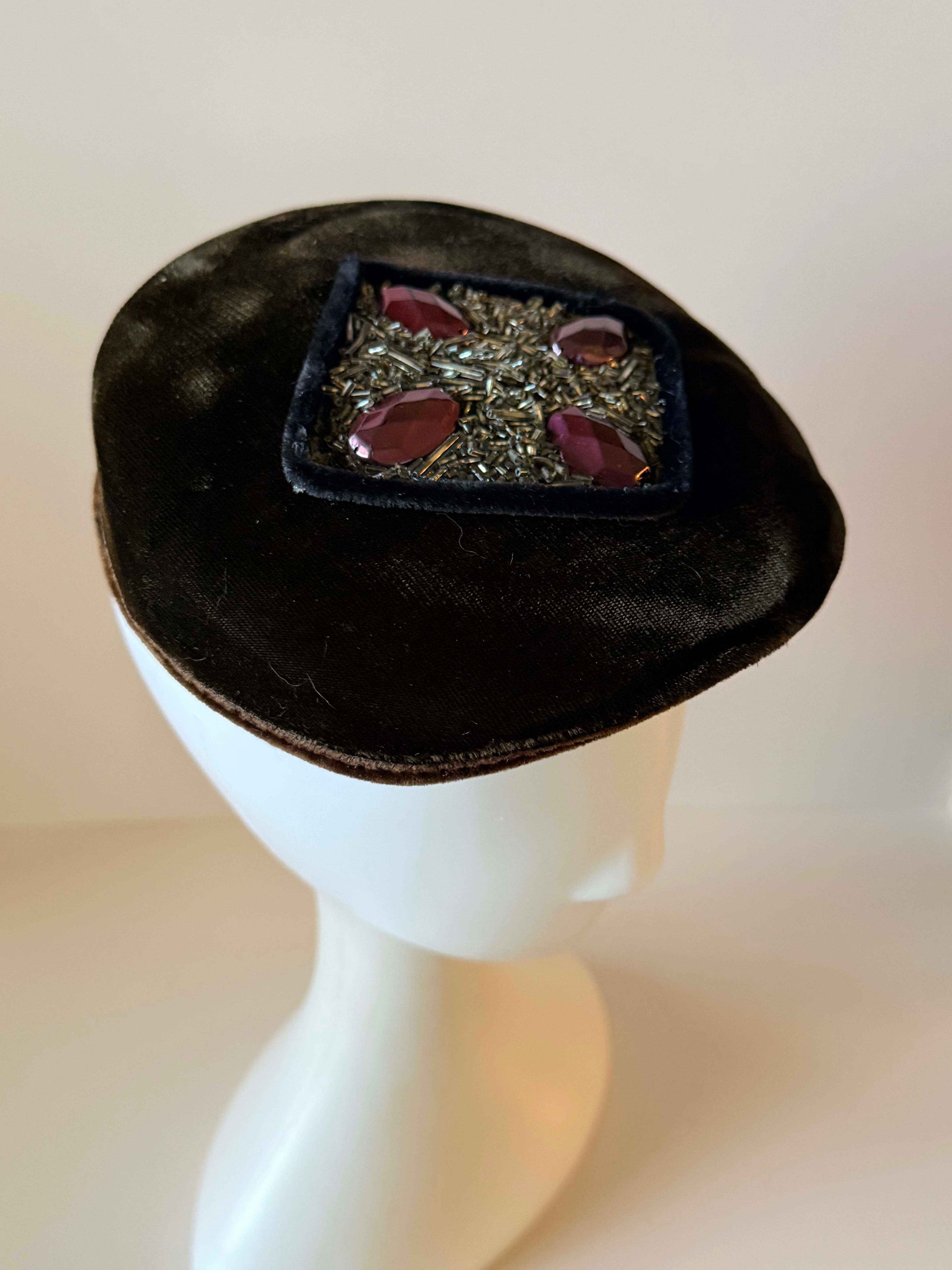 Vintage Brown Velvet Pillbox Hat | Rhinestone & Purple Jewel Cocktail Hat | 1950s Velvet Fascinator | Mid Century Evening Hat | Classic Millinery