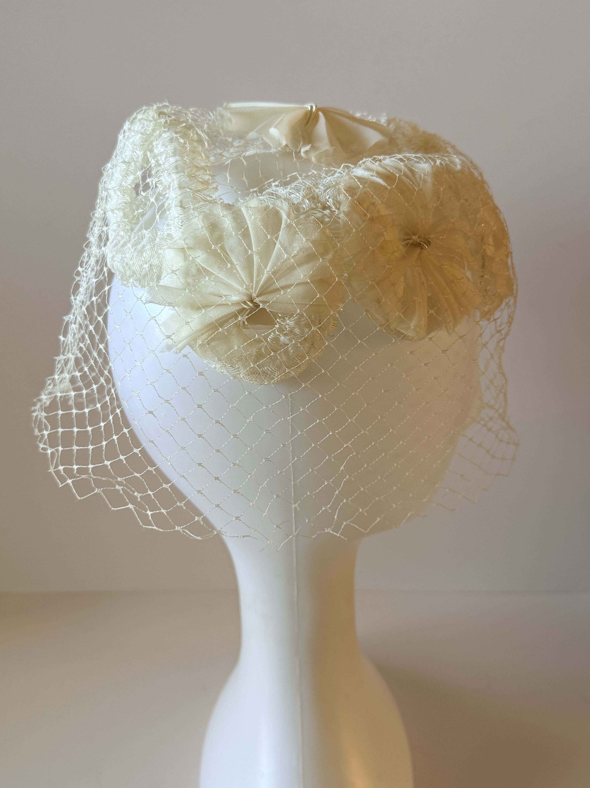 Vintage Ivory Bridal Hat Birdcage Veil Wedding Fascinator Satin Rosettes Mid Century Cocktail Hat 1950s 1960s Bride Reception Hat