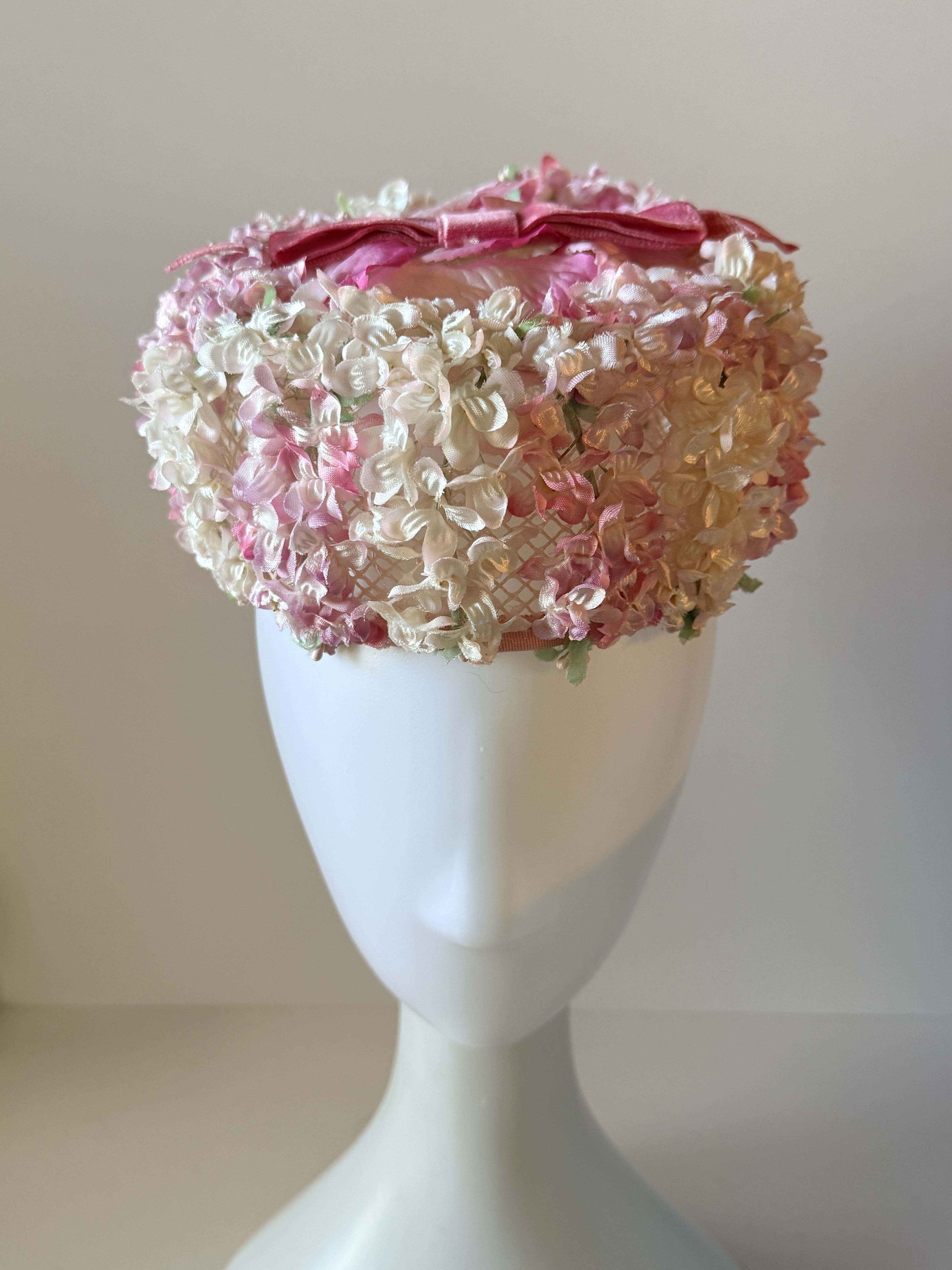 Vintage Pink Floral Half Hat Pink Ivory Flower Hat 1950s Tilt Hat Bridal Garden Party Hat Spring Easter Millinery