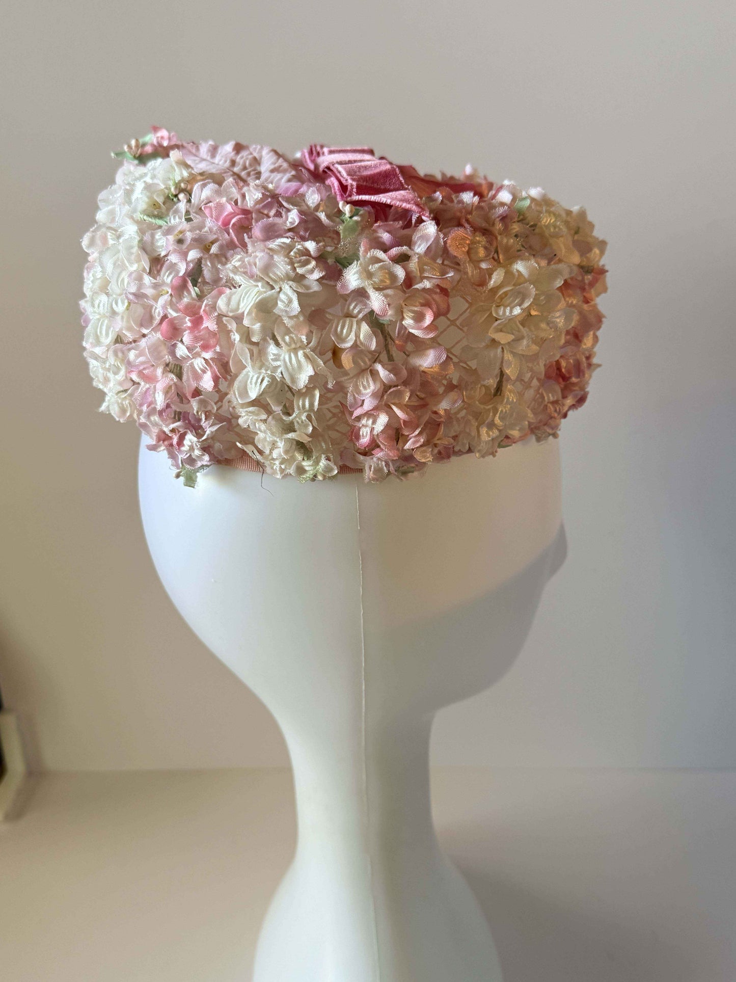 Vintage Pink Floral Half Hat Pink Ivory Flower Hat 1950s Tilt Hat Bridal Garden Party Hat Spring Easter Millinery