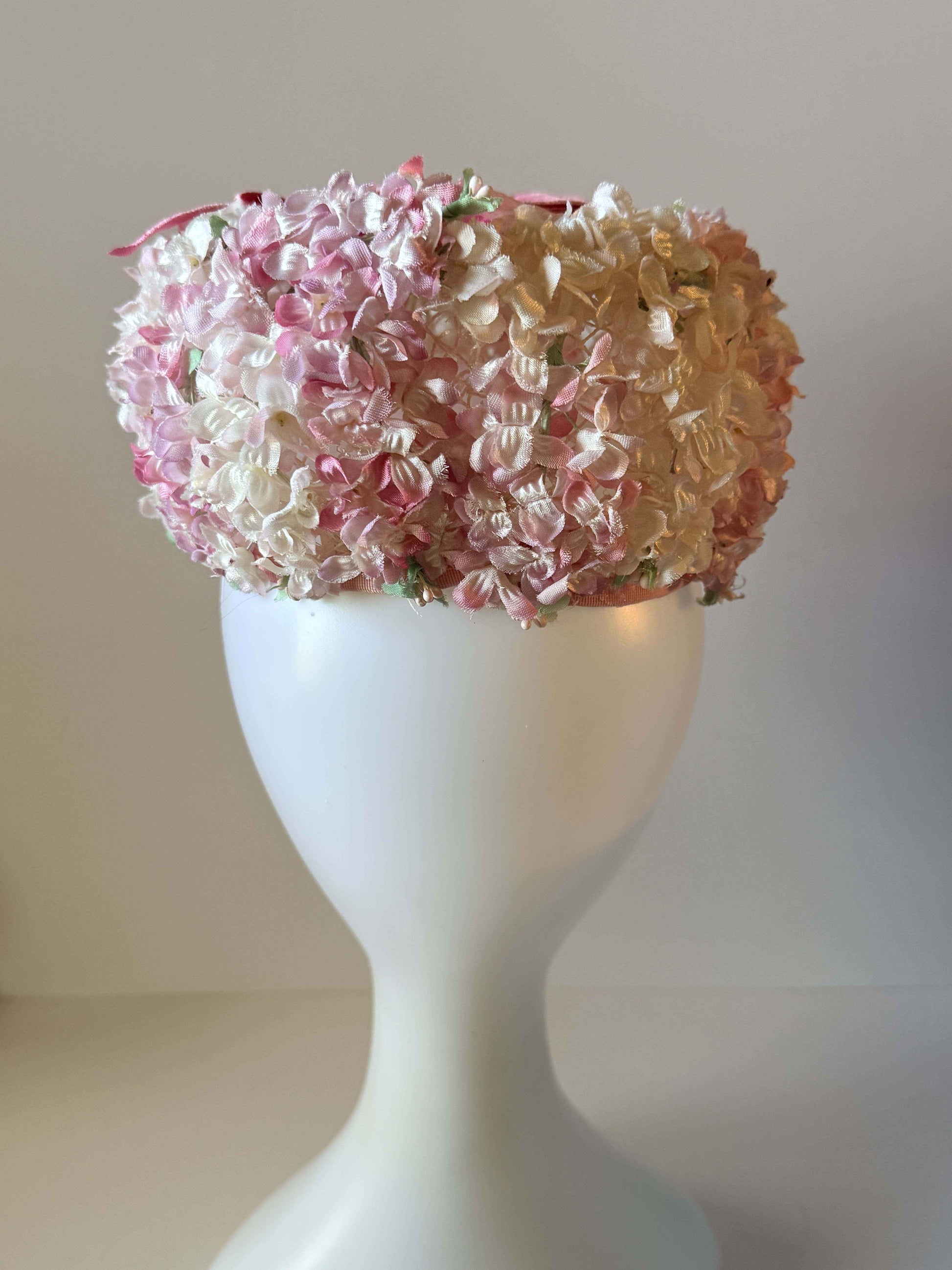Vintage Pink Floral Half Hat Pink Ivory Flower Hat 1950s Tilt Hat Bridal Garden Party Hat Spring Easter Millinery
