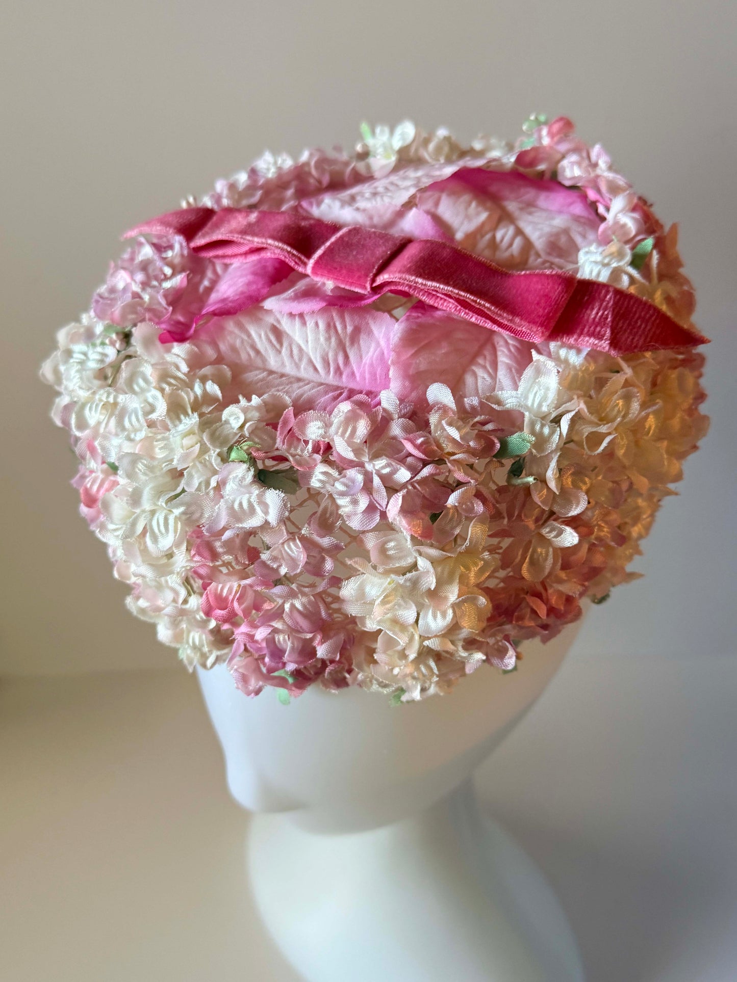 Vintage Pink Floral Half Hat Pink Ivory Flower Hat 1950s Tilt Hat Bridal Garden Party Hat Spring Easter Millinery
