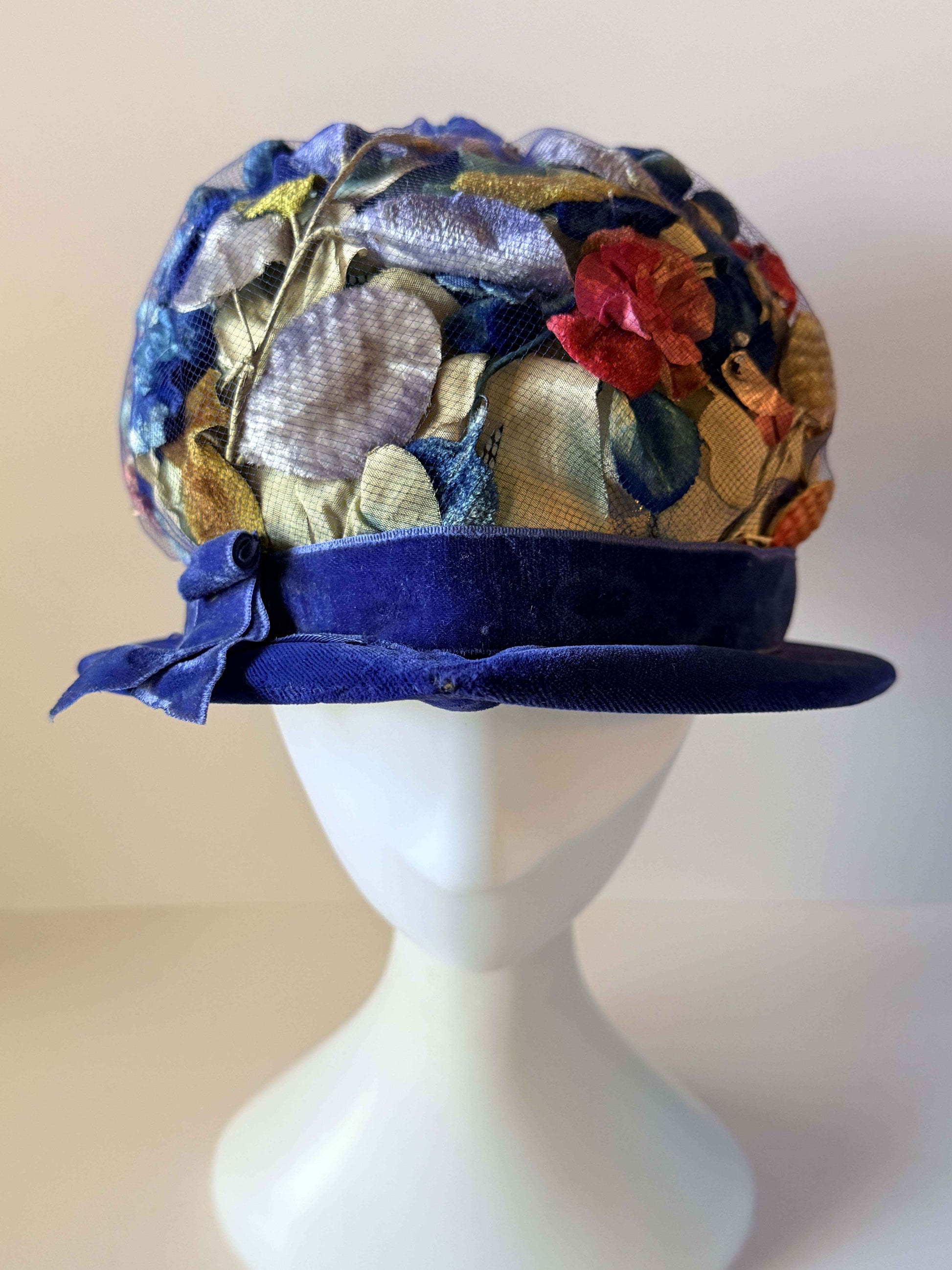 Vintage Blue Velvet Floral Cocktail Hat | 1950s Flower Hat | Blue Velvet Brim Hat | Mid Century Floral Millinery | Garden Party Hat