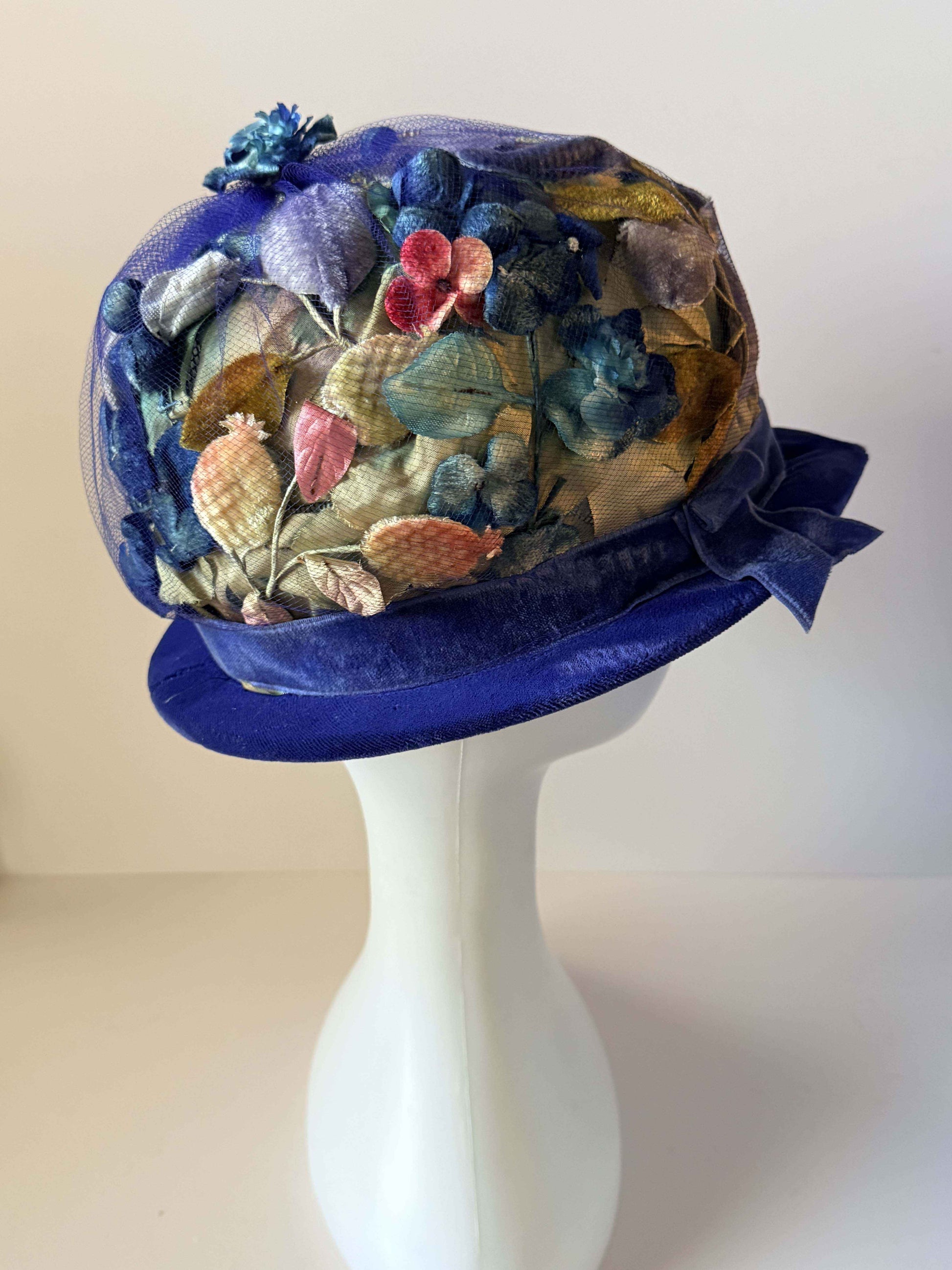 Vintage Blue Velvet Floral Cocktail Hat | 1950s Flower Hat | Blue Velvet Brim Hat | Mid Century Floral Millinery | Garden Party Hat