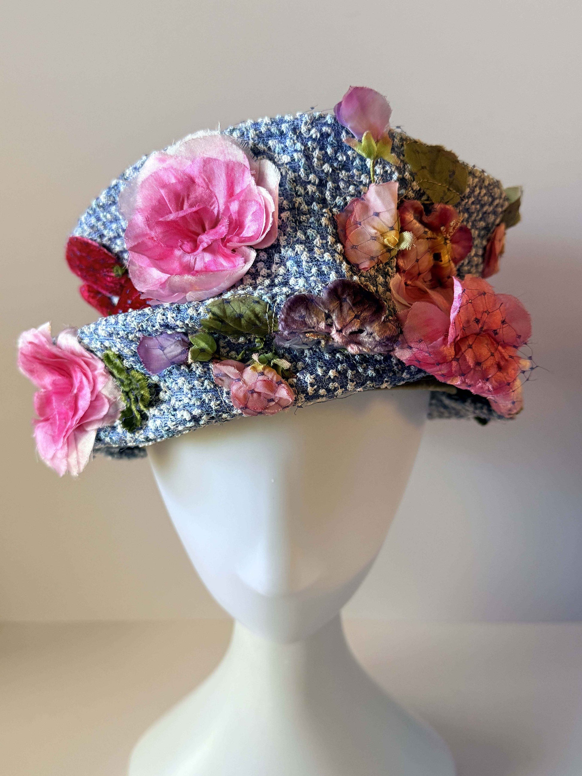 Vintage Leslie James Floral Hat Blue Tweed Bucket Hat Pink Flower Hat 1960s Designer Garden Party Easter Derby Hat