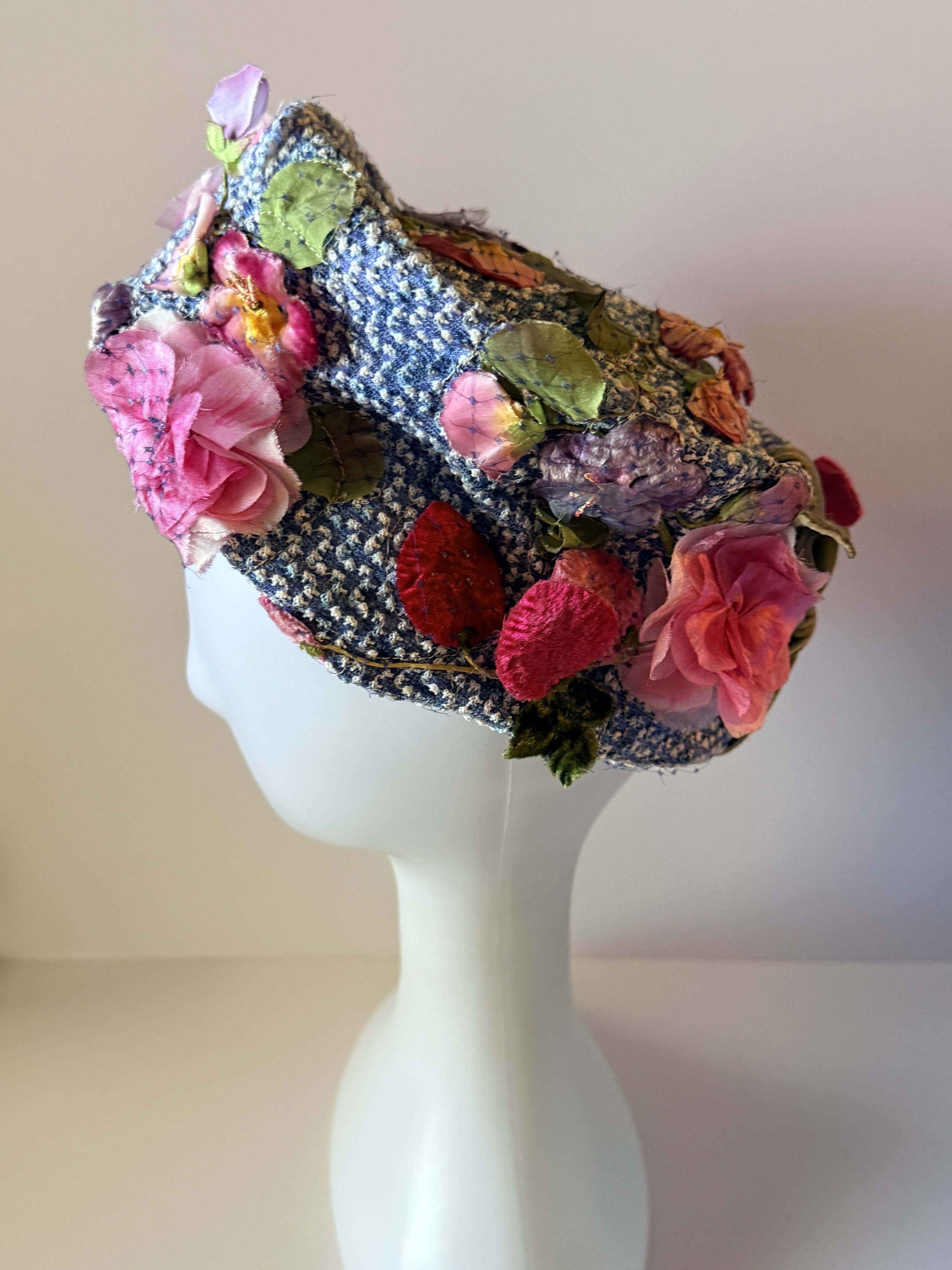 Vintage Leslie James Floral Hat Blue Tweed Bucket Hat Pink Flower Hat 1960s Designer Garden Party Easter Derby Hat