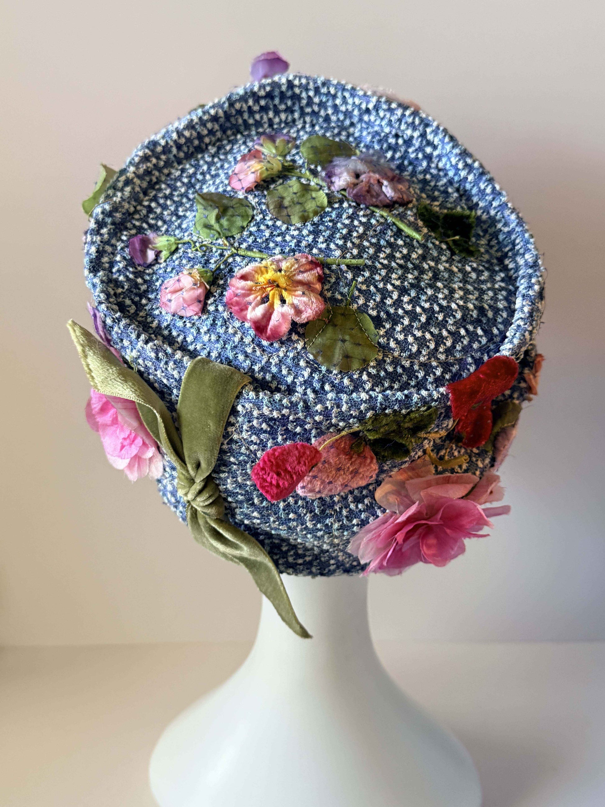 Vintage Leslie James Floral Hat Blue Tweed Bucket Hat Pink Flower Hat 1960s Designer Garden Party Easter Derby Hat