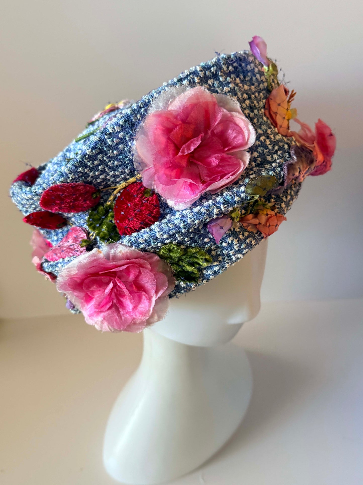 Vintage Leslie James Floral Hat Blue Tweed Bucket Hat Pink Flower Hat 1960s Designer Garden Party Easter Derby Hat