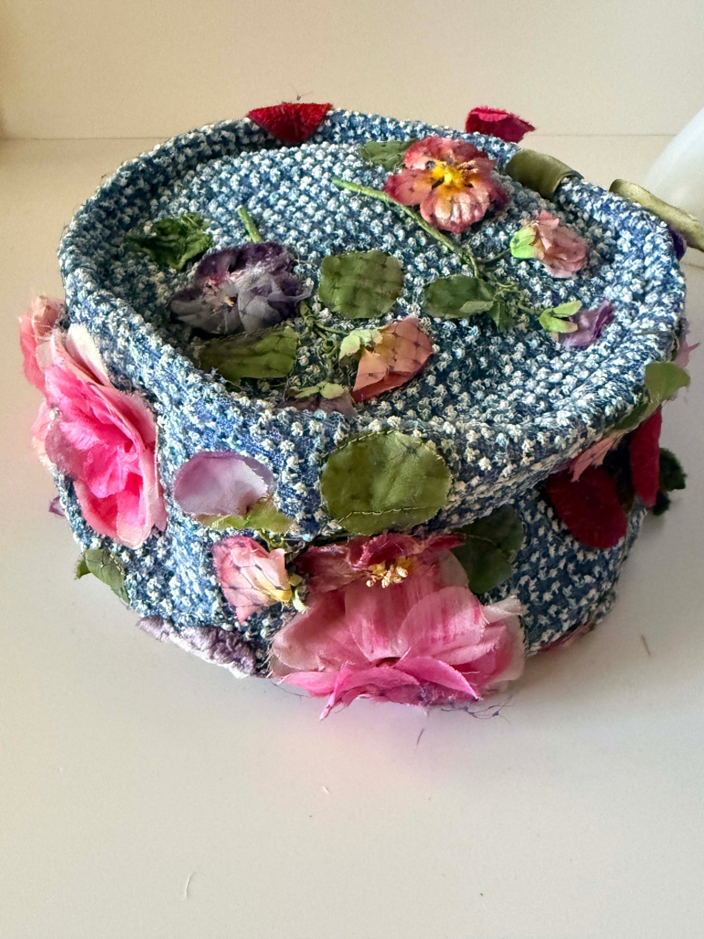 Vintage Leslie James Floral Hat Blue Tweed Bucket Hat Pink Flower Hat 1960s Designer Garden Party Easter Derby Hat