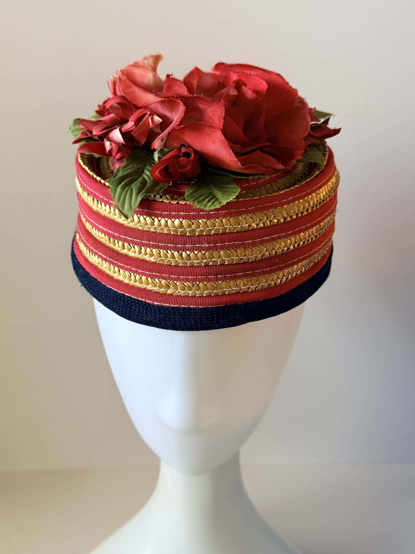 Vintage Joan Bryant Los Angeles Straw Pillbox Hat | Red Rose Floral Cocktail Hat | 1960s Floral Millinery | Garden Party Hat