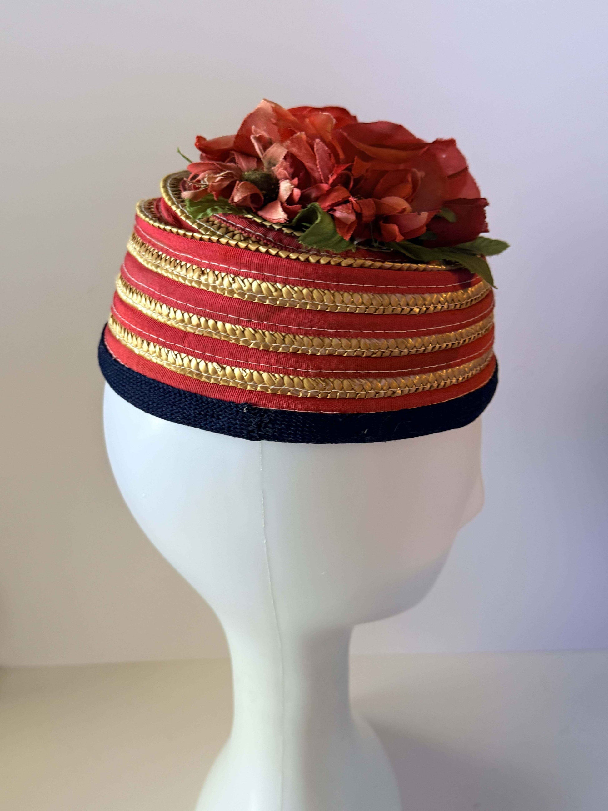 Vintage Joan Bryant Los Angeles Straw Pillbox Hat | Red Rose Floral Cocktail Hat | 1960s Floral Millinery | Garden Party Hat