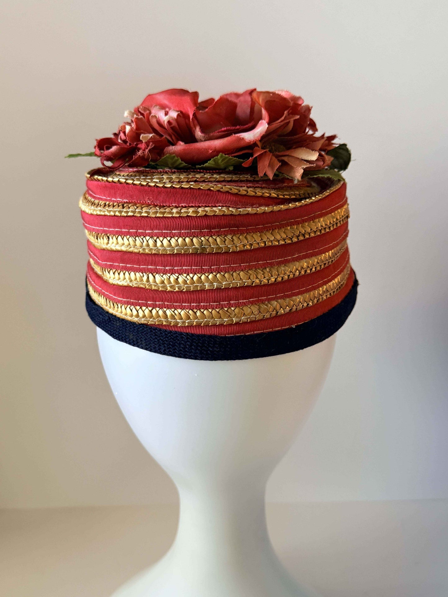 Vintage Joan Bryant Los Angeles Straw Pillbox Hat | Red Rose Floral Cocktail Hat | 1960s Floral Millinery | Garden Party Hat