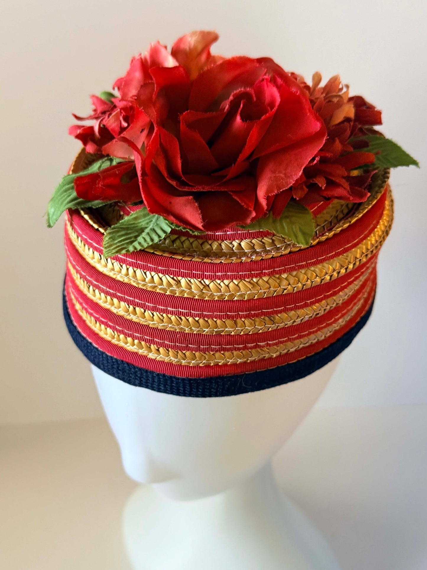 Vintage Joan Bryant Los Angeles Straw Pillbox Hat | Red Rose Floral Cocktail Hat | 1960s Floral Millinery | Garden Party Hat