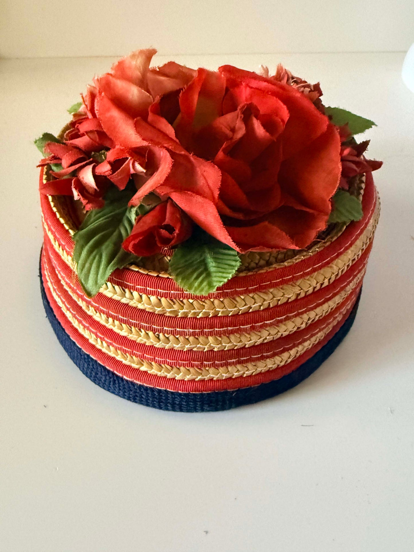 Vintage Joan Bryant Los Angeles Straw Pillbox Hat | Red Rose Floral Cocktail Hat | 1960s Floral Millinery | Garden Party Hat