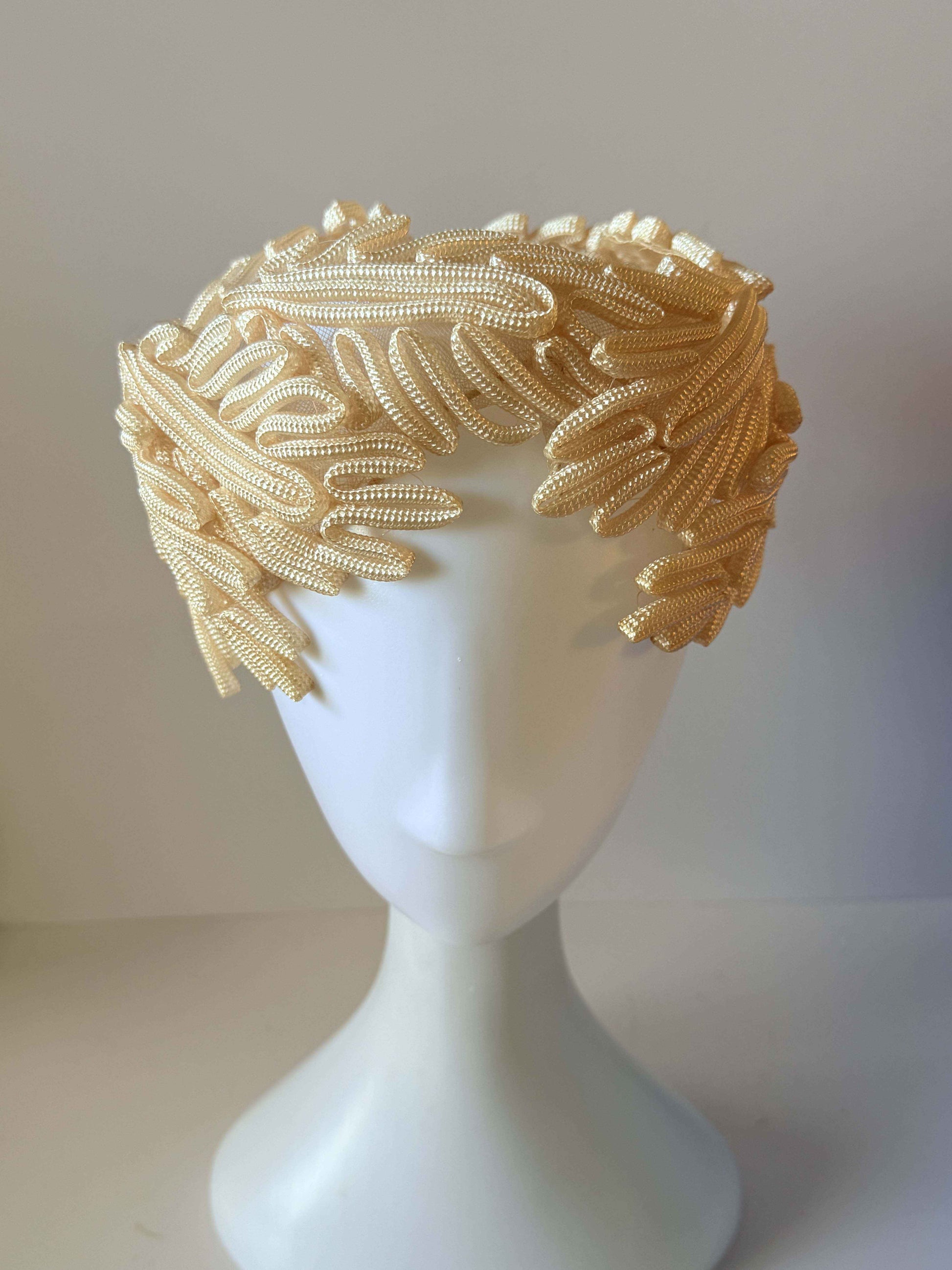 Vintage Ivory Soutache Halo Headpiece Veil Ready Bridal Crown Abraham &amp; Straus Swiss Wedding Hat 1950s 1960s Fascinator