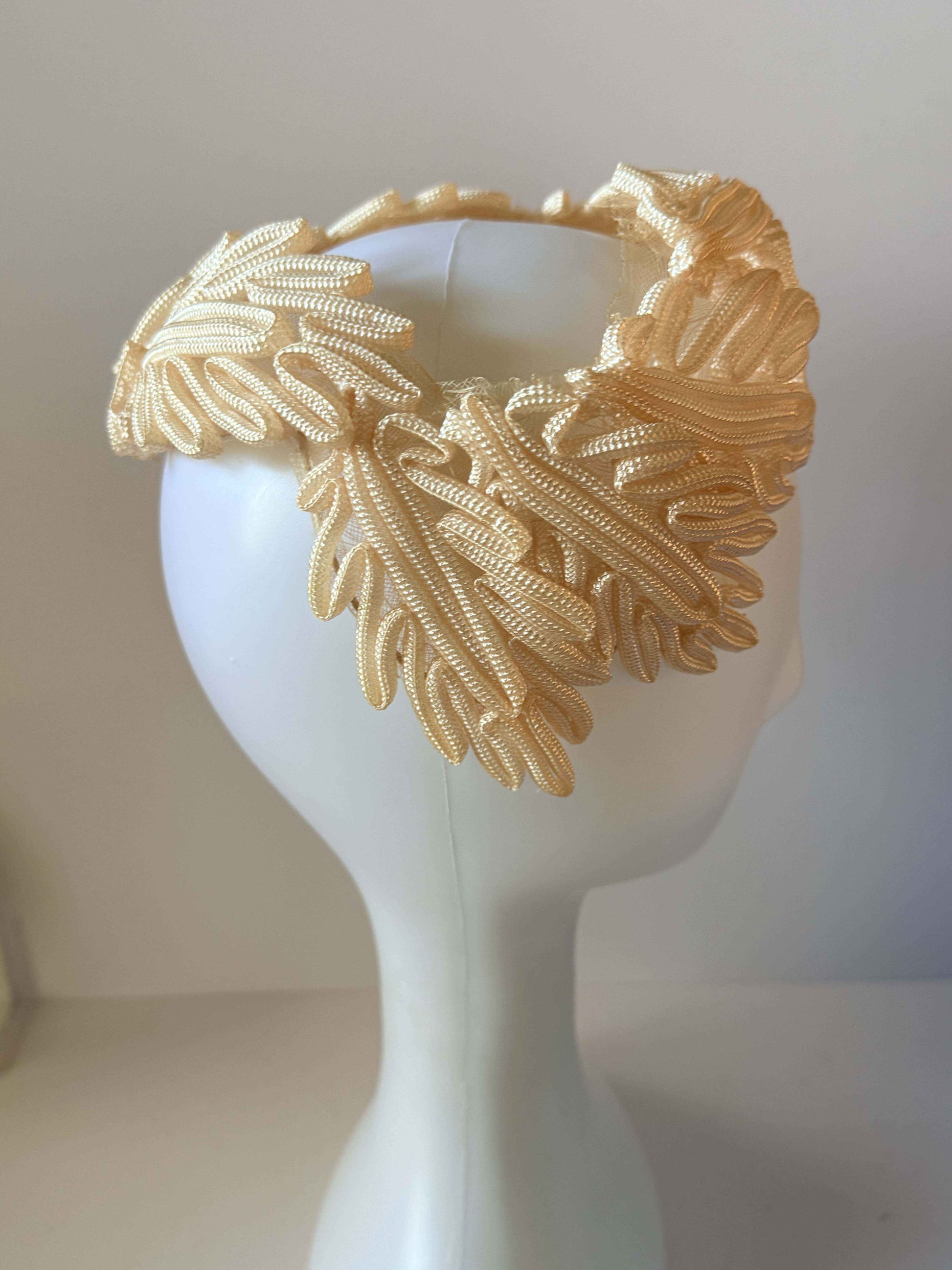 Vintage Ivory Soutache Halo Headpiece Veil Ready Bridal Crown Abraham &amp; Straus Swiss Wedding Hat 1950s 1960s Fascinator