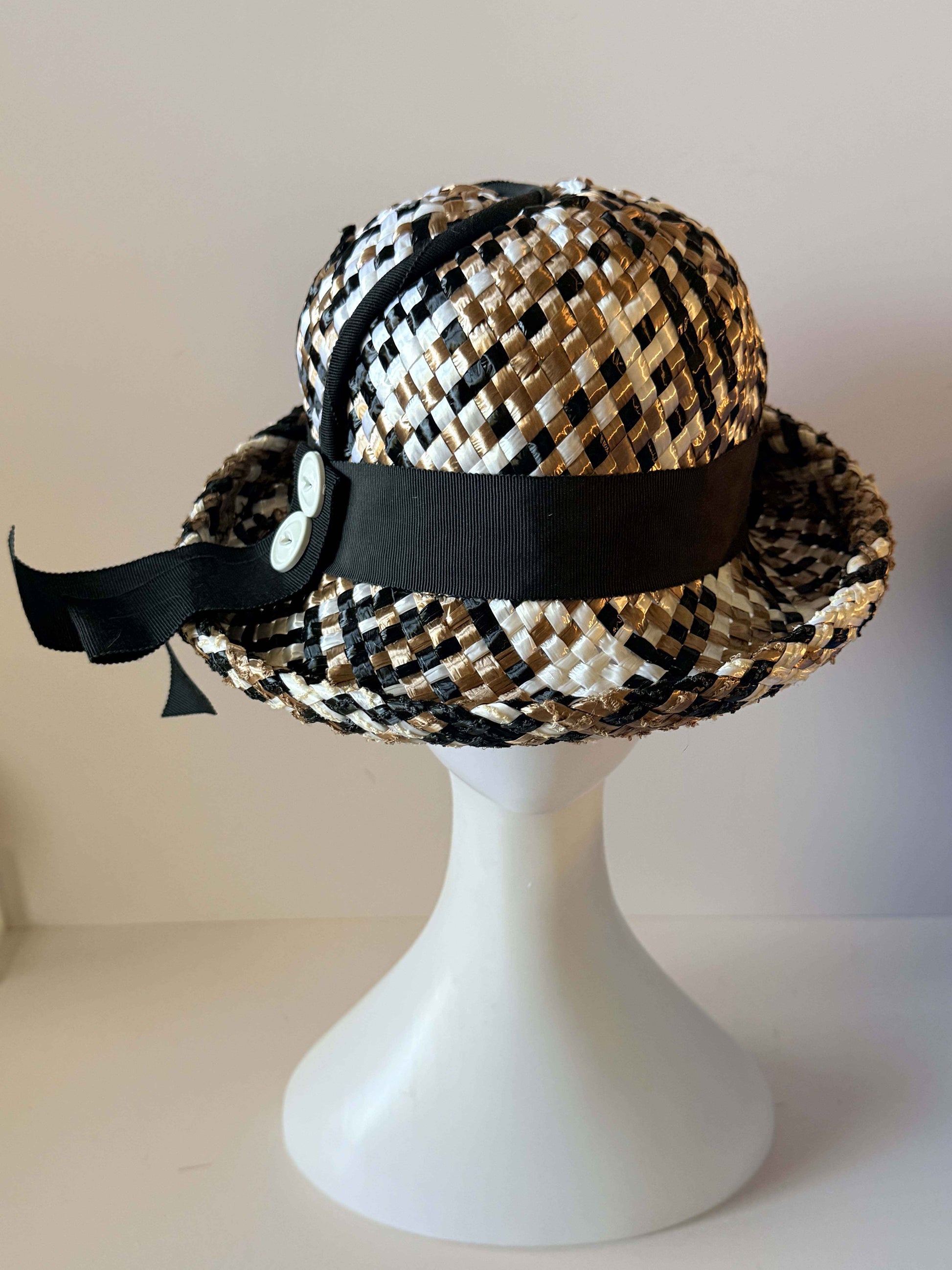 Vintage 1950s Woven Straw Hat | Black Ivory Tan Basket Weave | Mid Century Summer Hat | Women's Vintage Hat