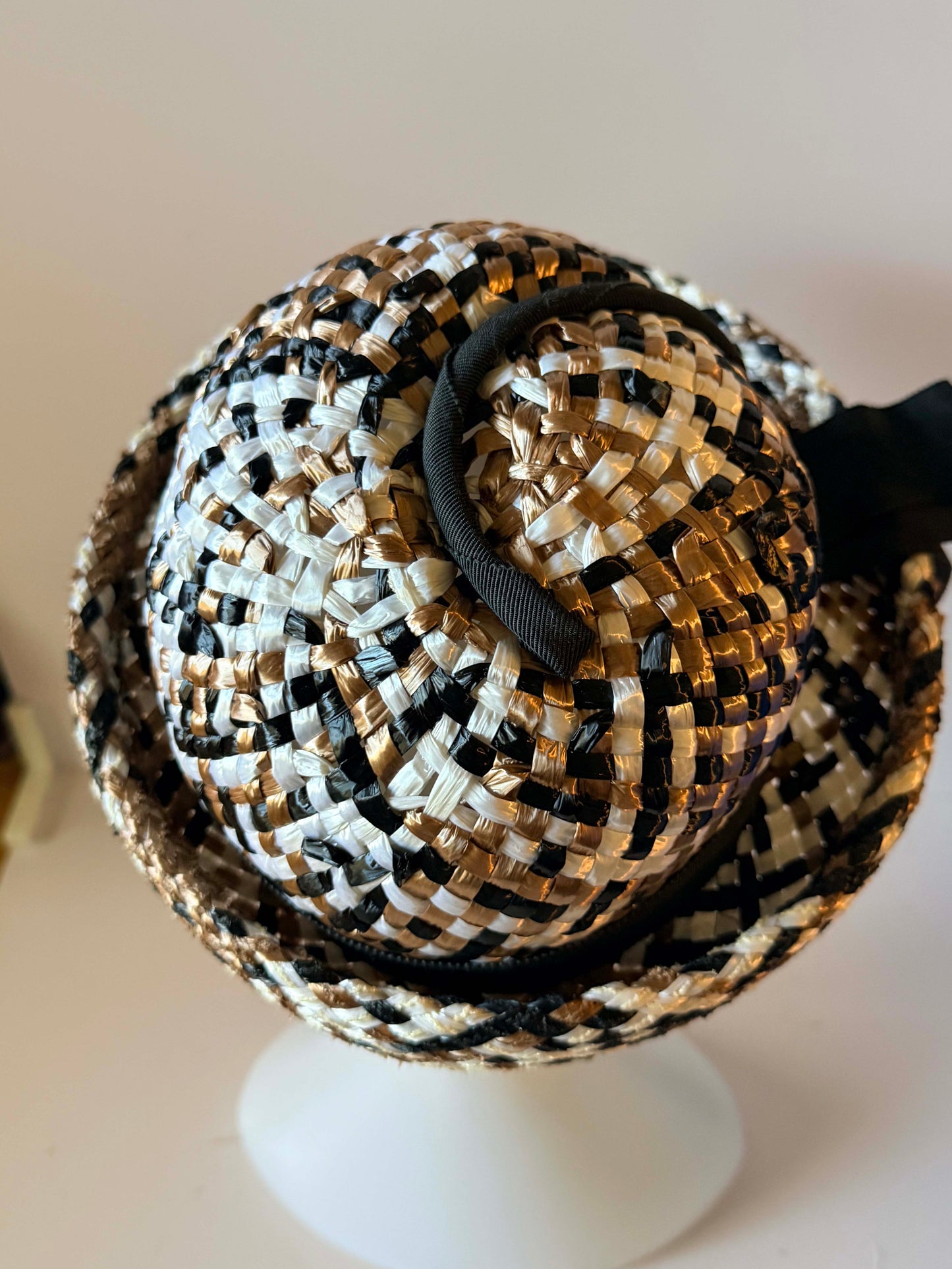 Vintage 1950s Woven Straw Hat | Black Ivory Tan Basket Weave | Mid Century Summer Hat | Women's Vintage Hat