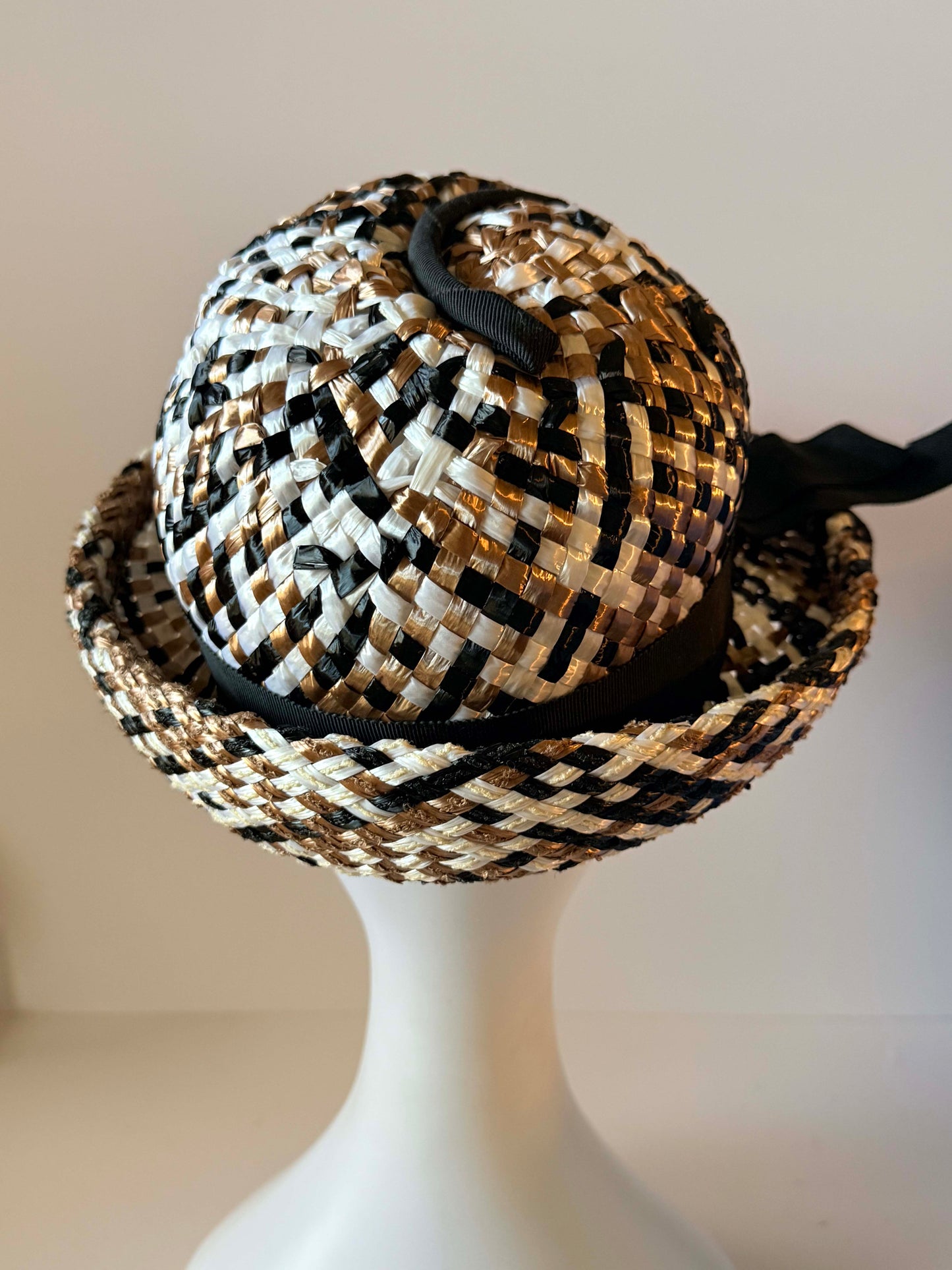 Vintage 1950s Woven Straw Hat | Black Ivory Tan Basket Weave | Mid Century Summer Hat | Women's Vintage Hat