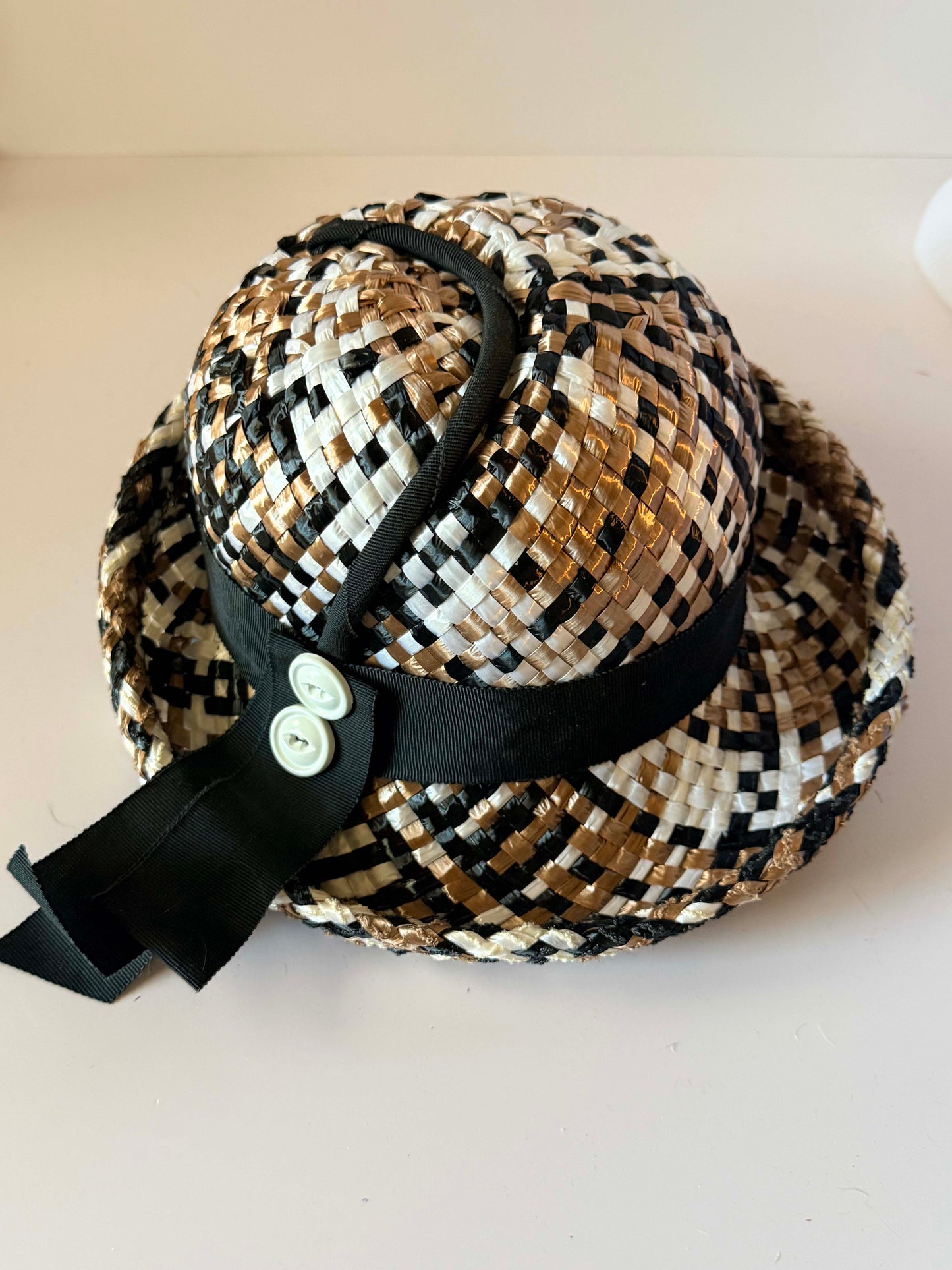 Vintage 1950s Woven Straw Hat | Black Ivory Tan Basket Weave | Mid Century Summer Hat | Women's Vintage Hat