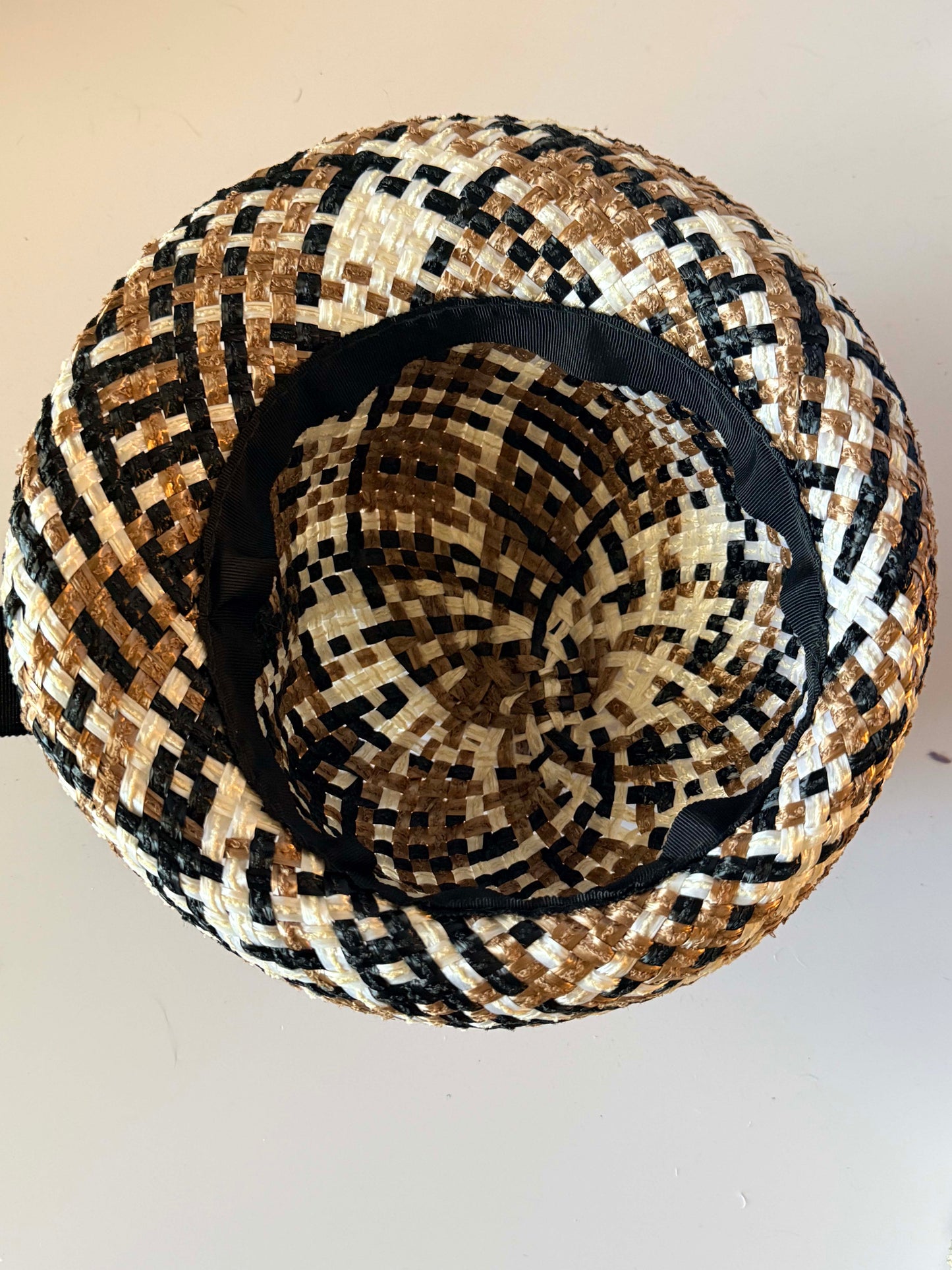 Vintage 1950s Woven Straw Hat | Black Ivory Tan Basket Weave | Mid Century Summer Hat | Women's Vintage Hat