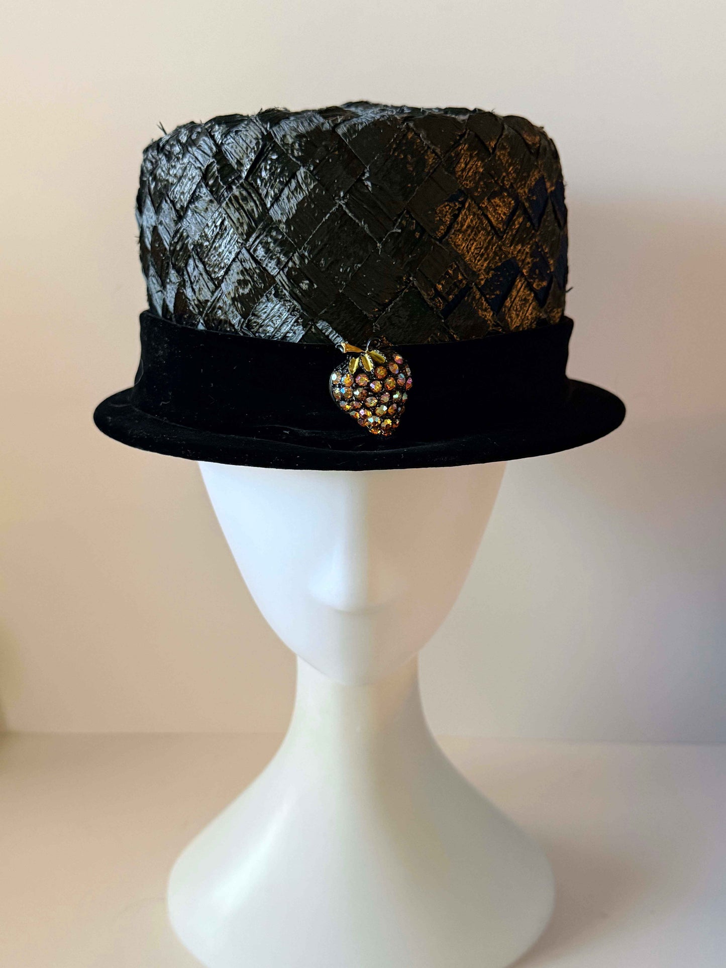 Vintage Black Top Hat Style Cocktail Hat | 1960s Black Straw Hat with Velvet Brim & Rhinestone Strawberry Brooch