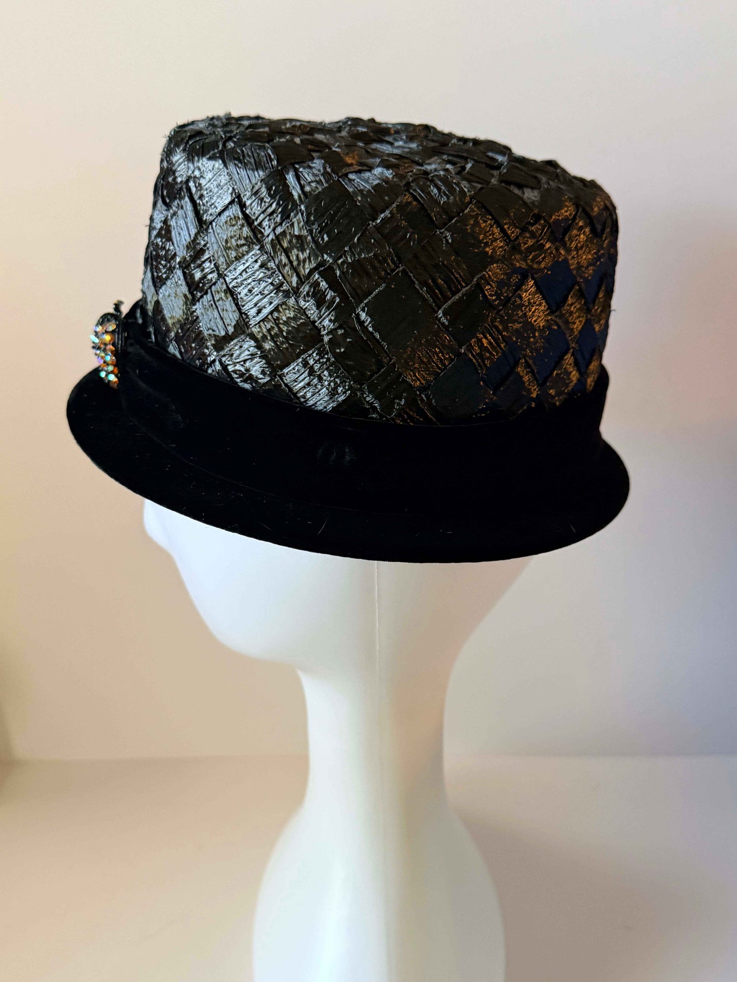 Vintage Black Top Hat Style Cocktail Hat | 1960s Black Straw Hat with Velvet Brim & Rhinestone Strawberry Brooch