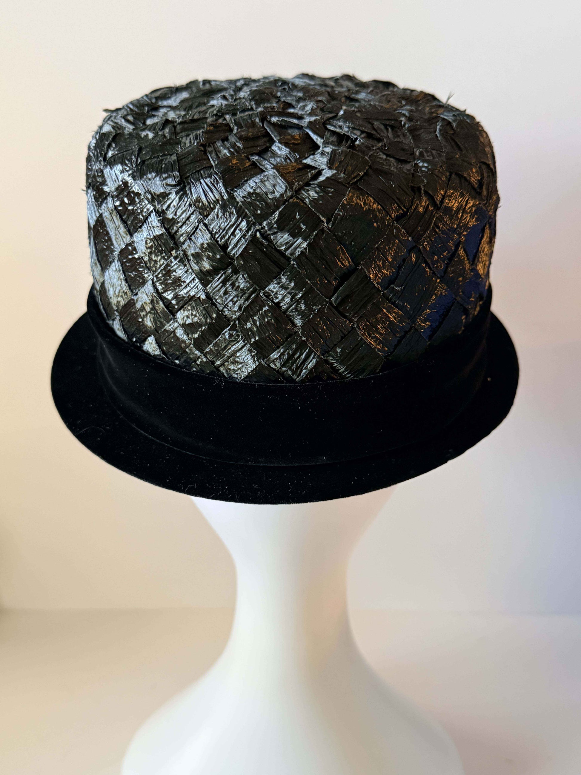 Vintage Black Top Hat Style Cocktail Hat | 1960s Black Straw Hat with Velvet Brim & Rhinestone Strawberry Brooch