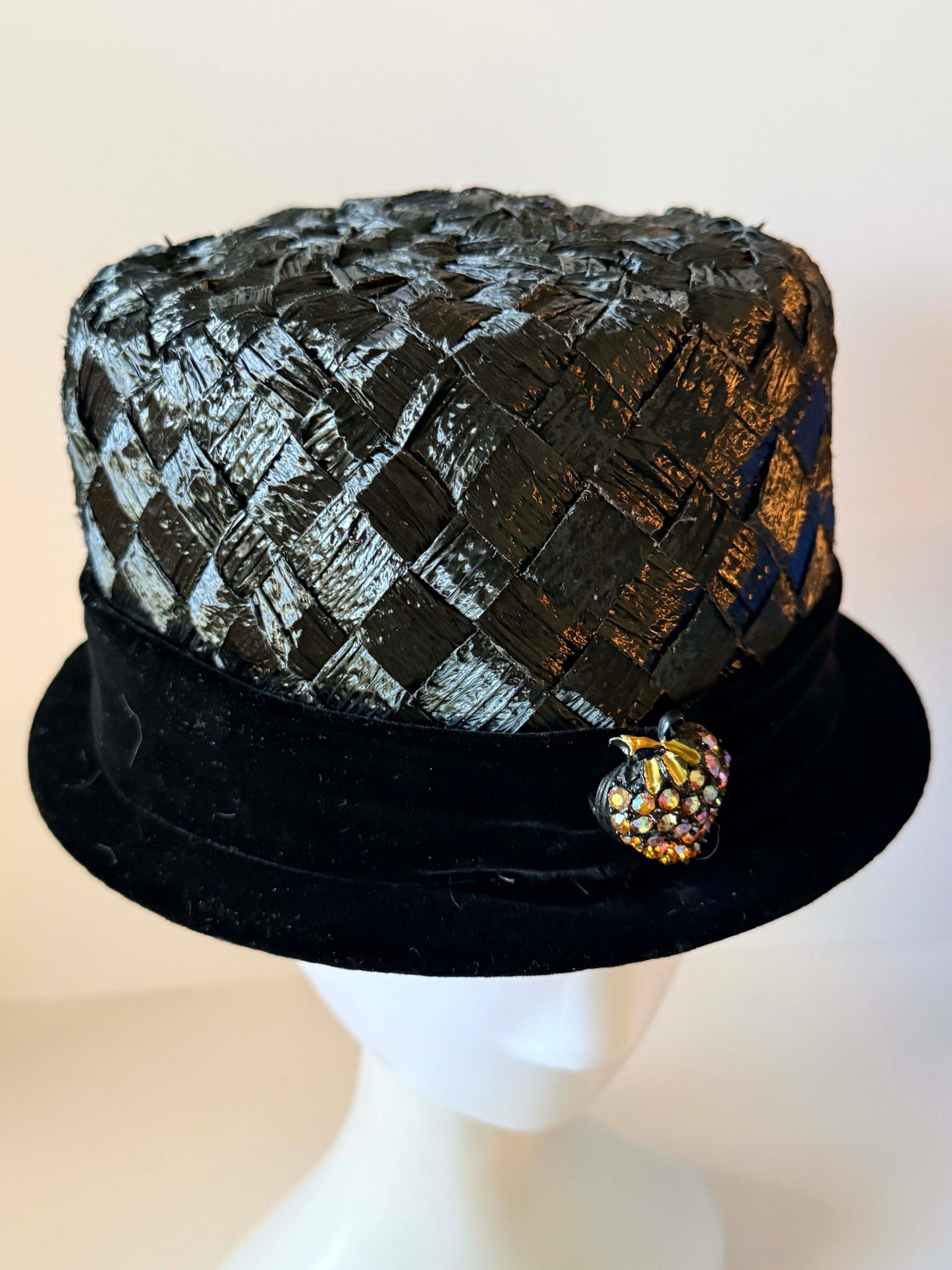 Vintage Black Top Hat Style Cocktail Hat | 1960s Black Straw Hat with Velvet Brim & Rhinestone Strawberry Brooch