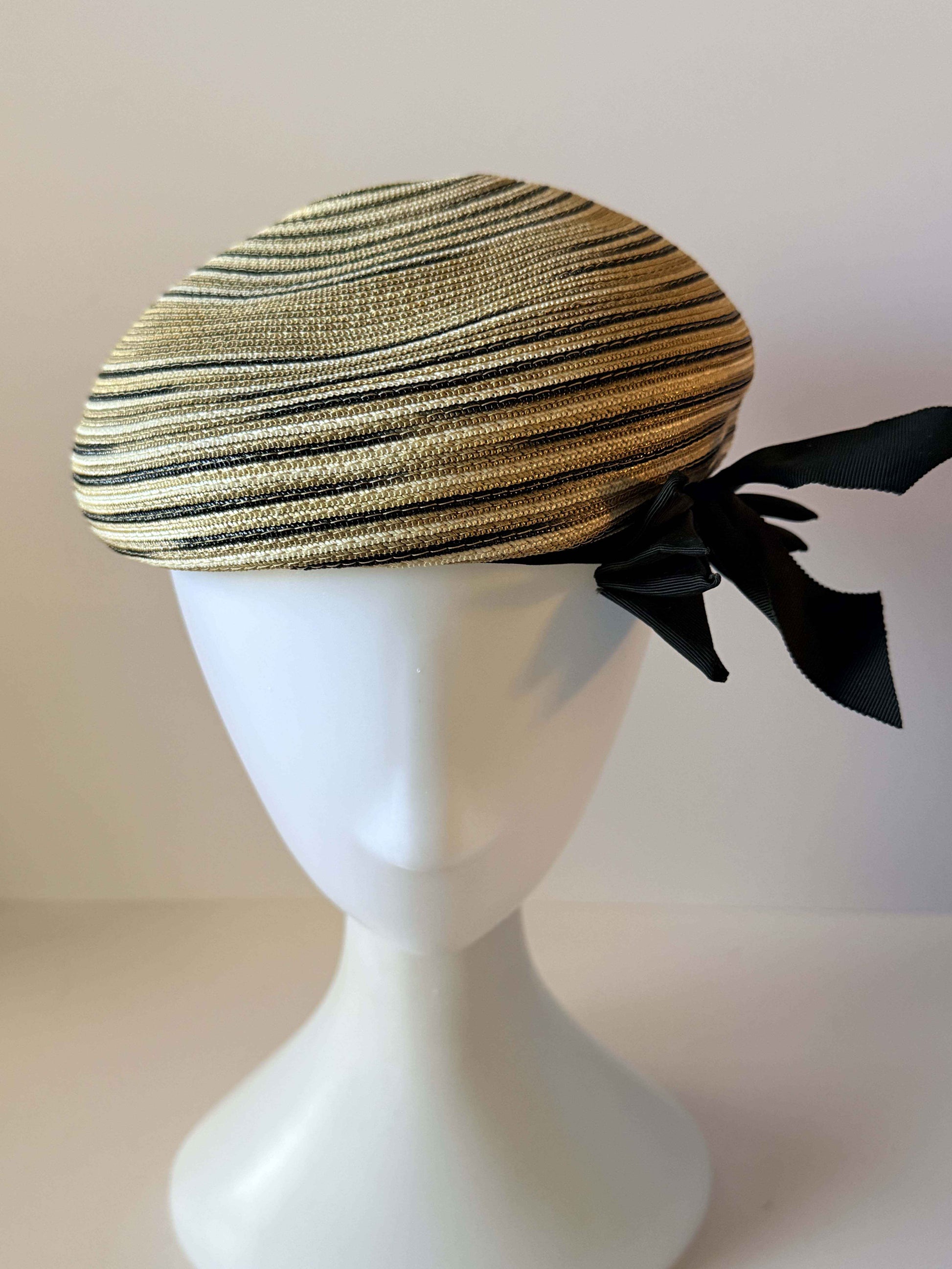 Vintage 1960s Straw Bubble Toque Hat | Beige Black Breton Stripe Hat | Cocktail Hat | Mid Century Millinery