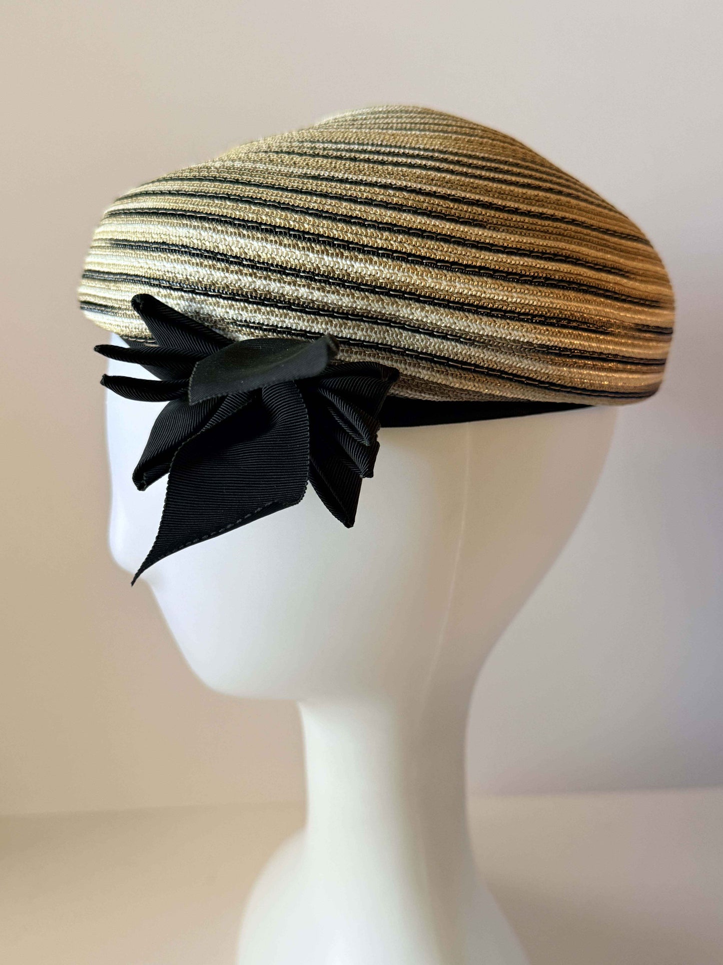 Vintage 1960s Straw Bubble Toque Hat | Beige Black Breton Stripe Hat | Cocktail Hat | Mid Century Millinery