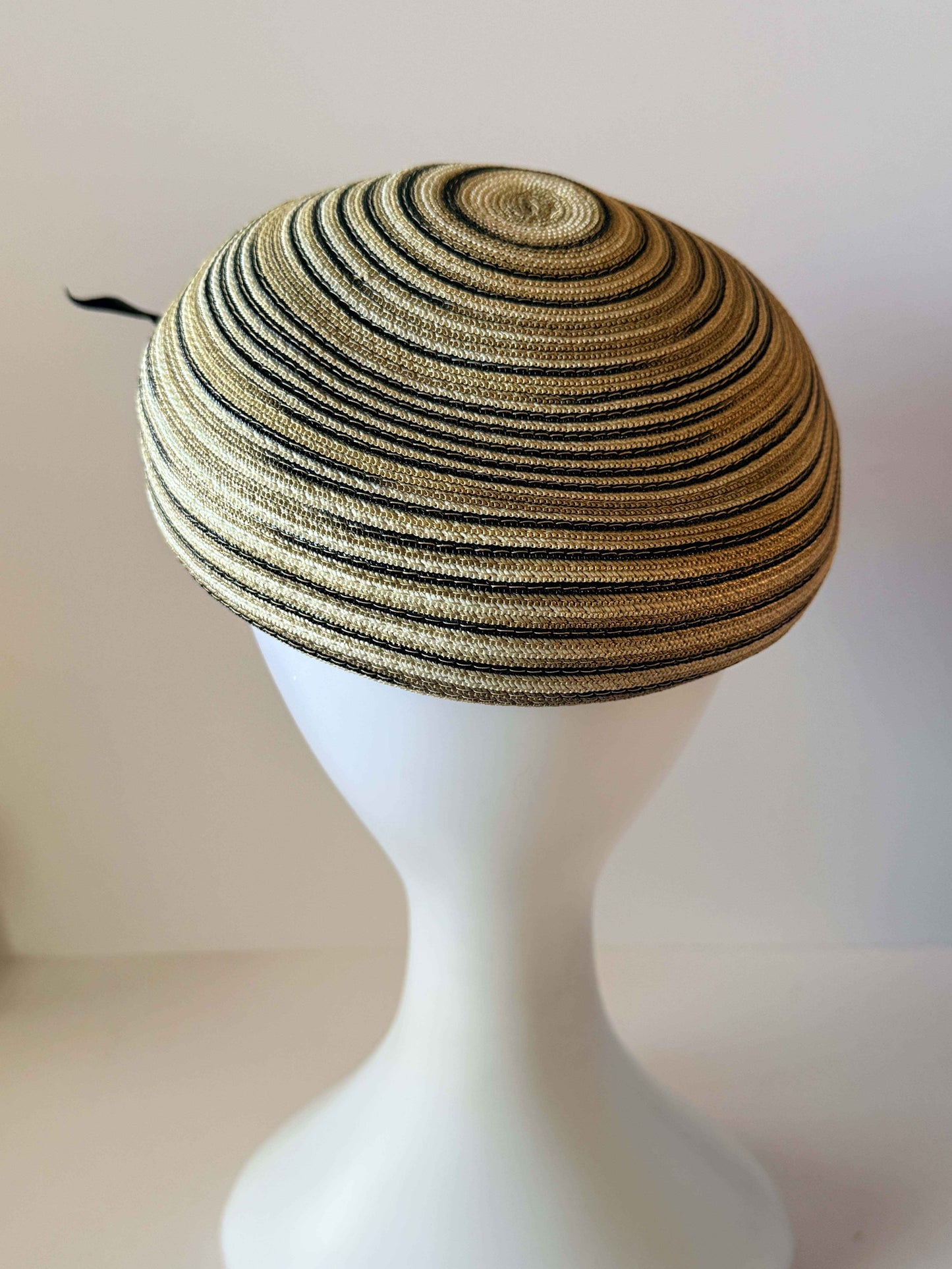 Vintage 1960s Straw Bubble Toque Hat | Beige Black Breton Stripe Hat | Cocktail Hat | Mid Century Millinery