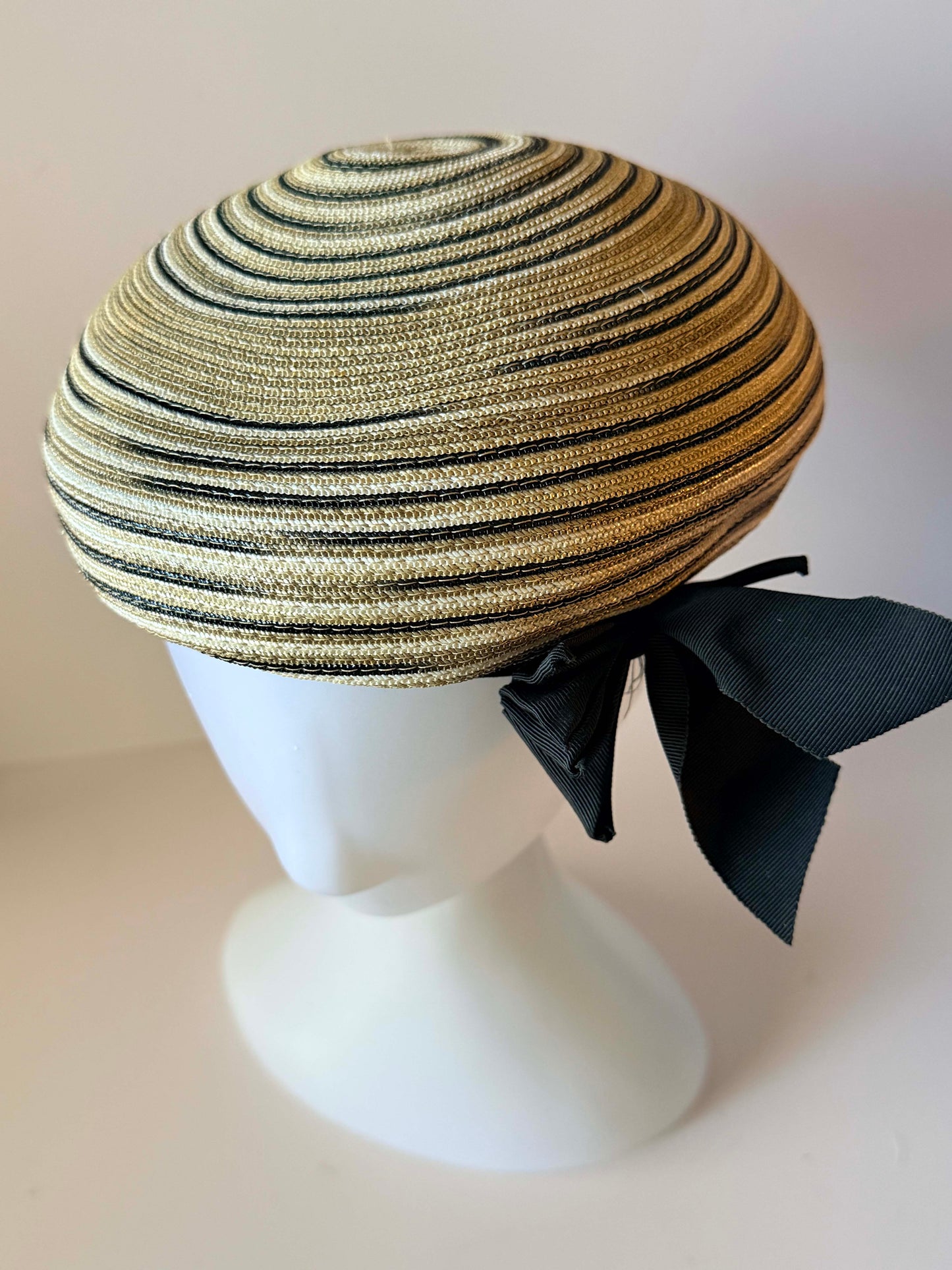 Vintage 1960s Straw Bubble Toque Hat | Beige Black Breton Stripe Hat | Cocktail Hat | Mid Century Millinery
