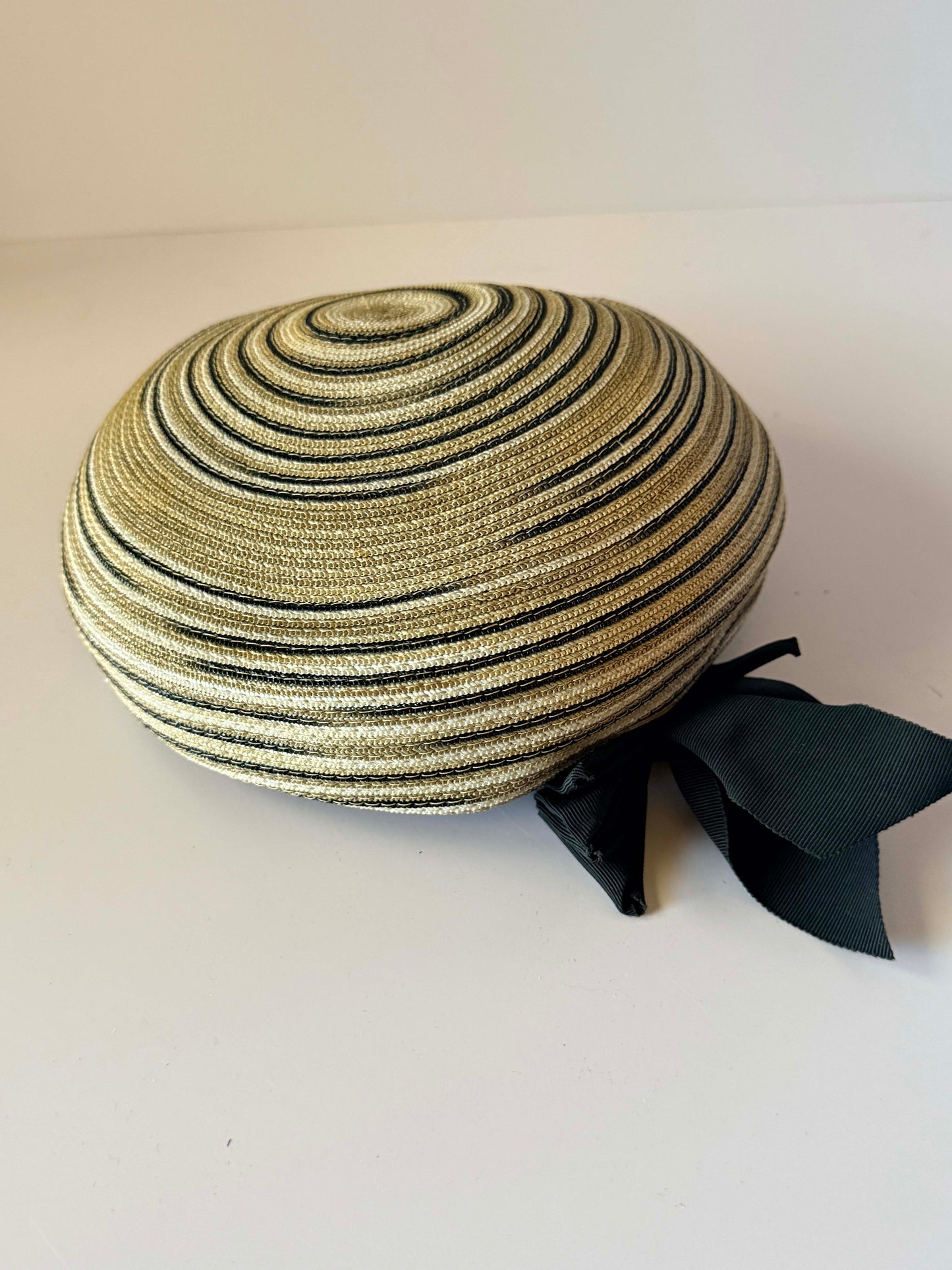 Vintage 1960s Straw Bubble Toque Hat | Beige Black Breton Stripe Hat | Cocktail Hat | Mid Century Millinery
