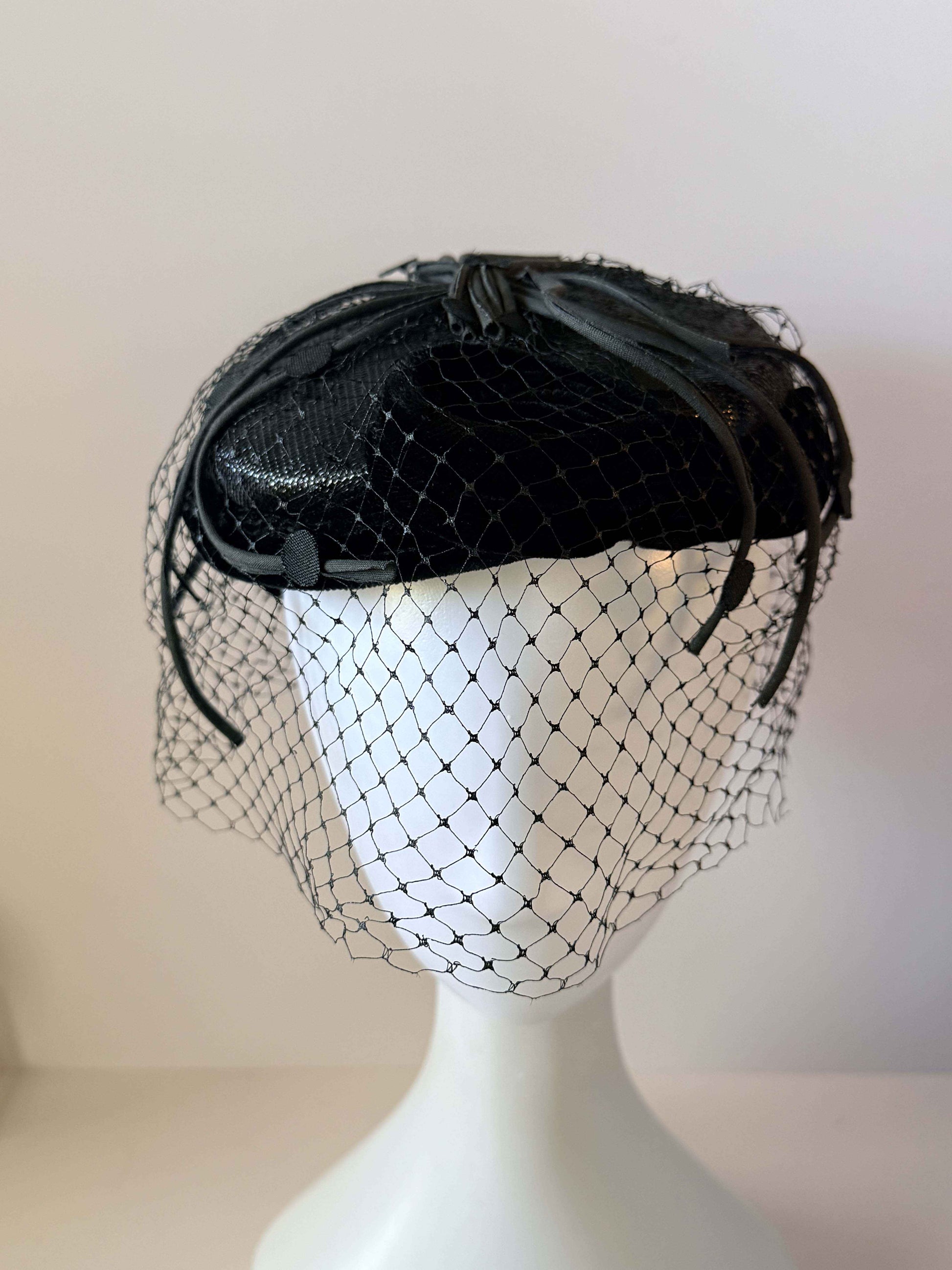 Vintage Black Veiled Cocktail Hat | 1950s Black Velvet Fascinator with Birdcage Veil | Elegant Mid Century Millinery