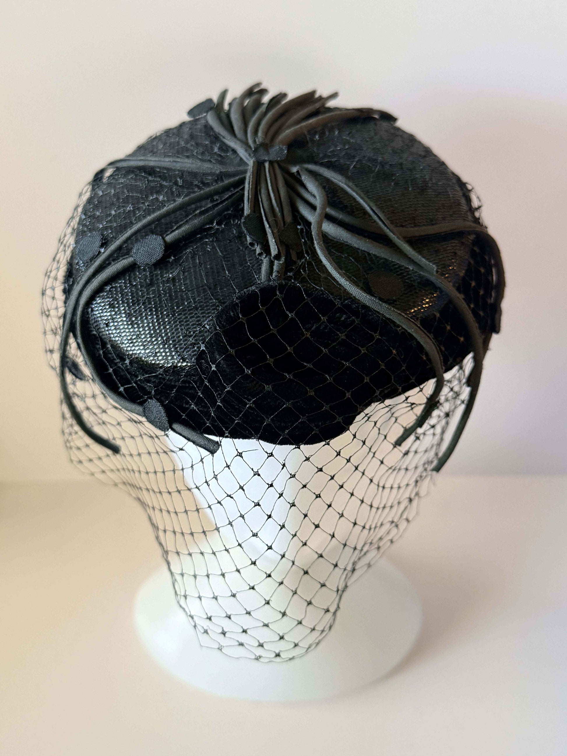 Vintage Black Veiled Cocktail Hat | 1950s Black Velvet Fascinator with Birdcage Veil | Elegant Mid Century Millinery
