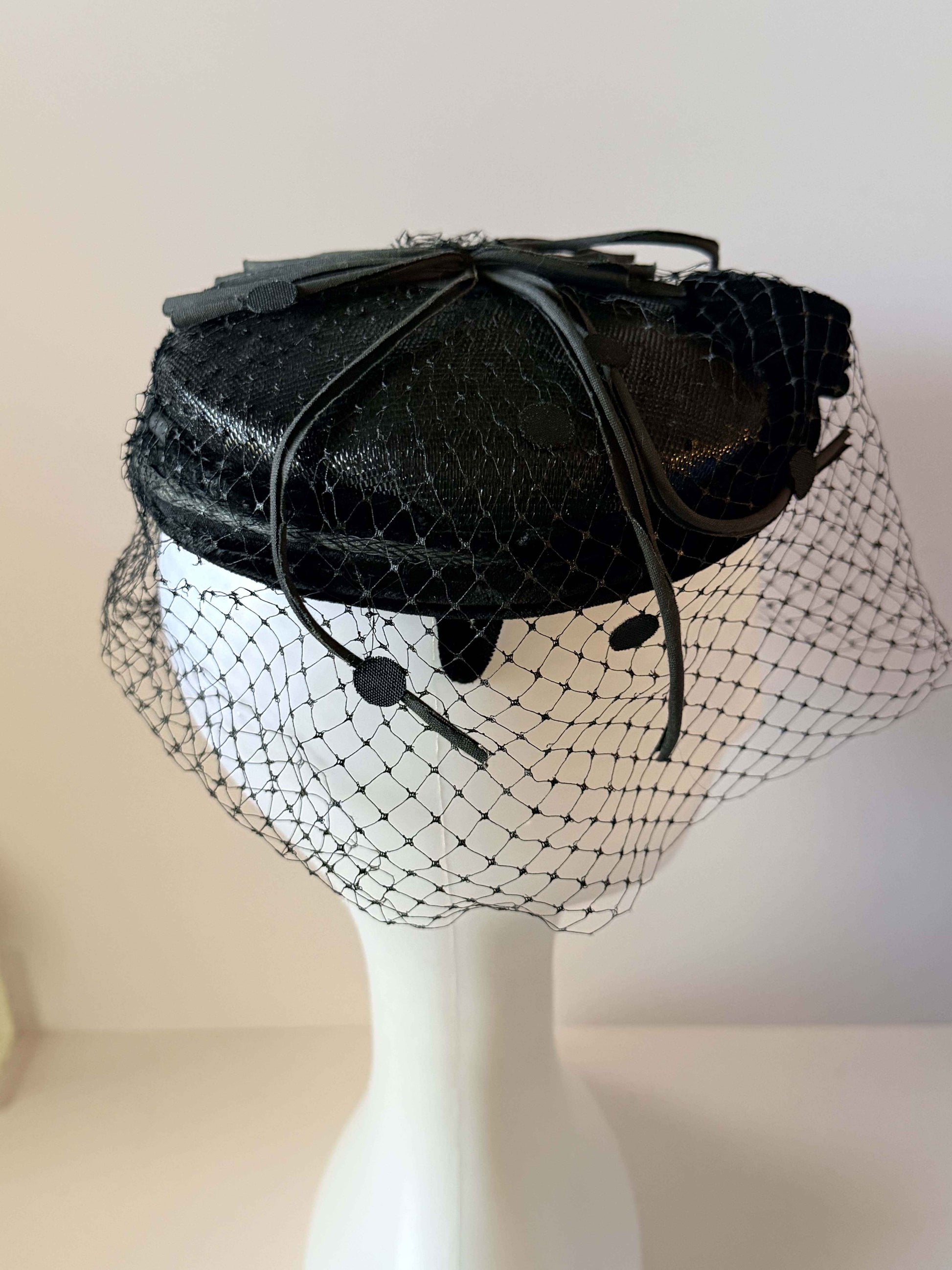 Vintage Black Veiled Cocktail Hat | 1950s Black Velvet Fascinator with Birdcage Veil | Elegant Mid Century Millinery