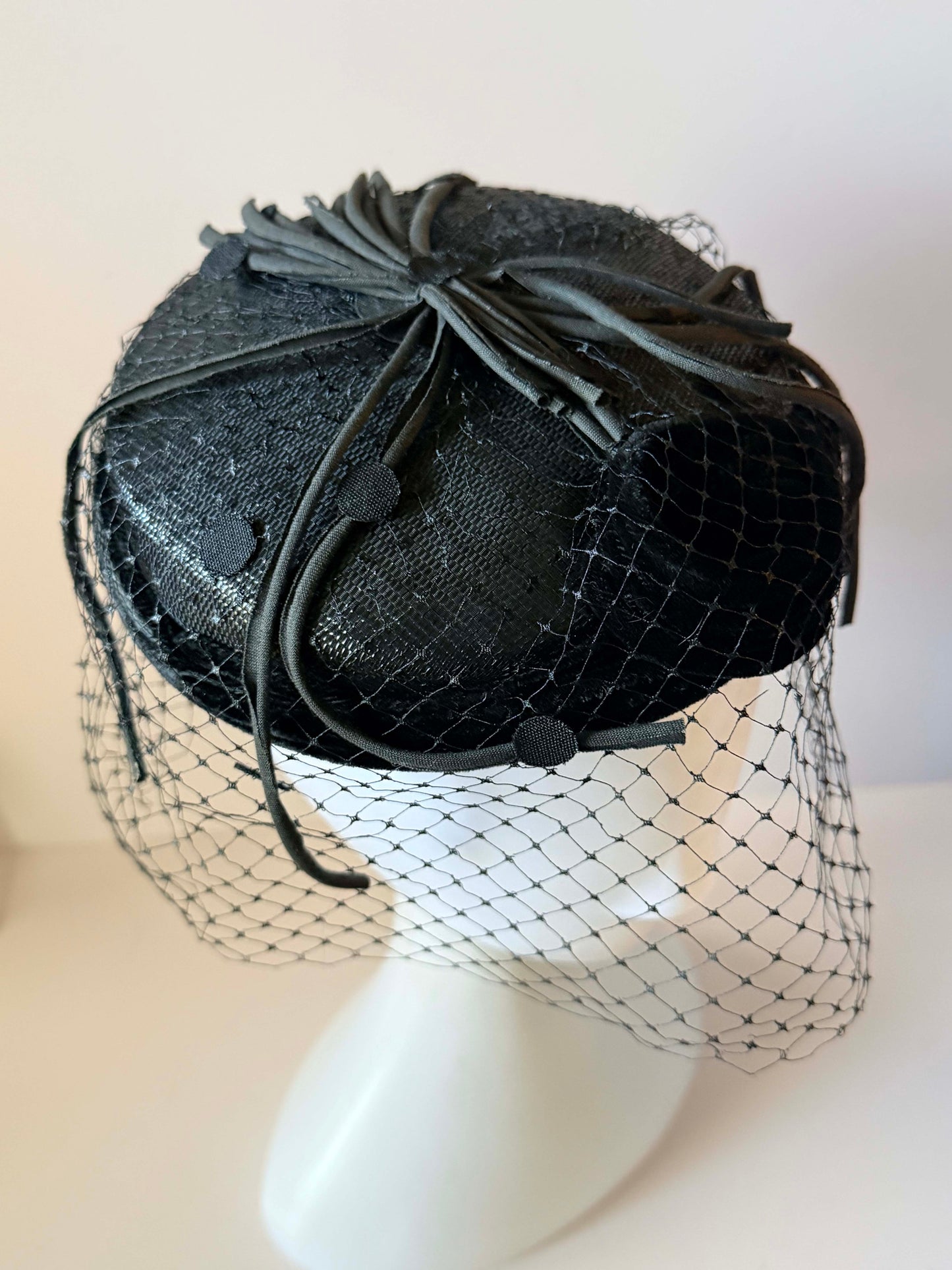 Vintage Black Veiled Cocktail Hat | 1950s Black Velvet Fascinator with Birdcage Veil | Elegant Mid Century Millinery