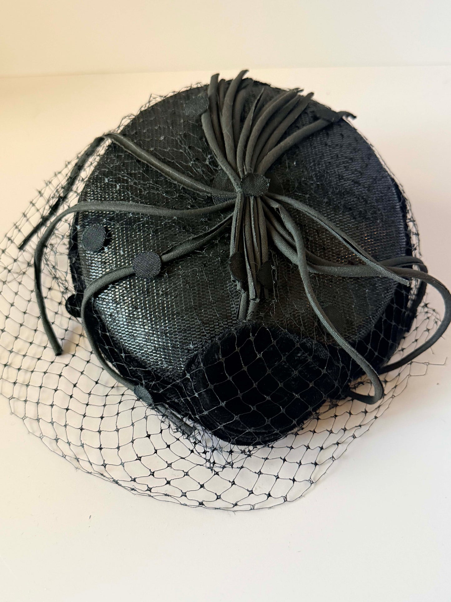 Vintage Black Veiled Cocktail Hat | 1950s Black Velvet Fascinator with Birdcage Veil | Elegant Mid Century Millinery