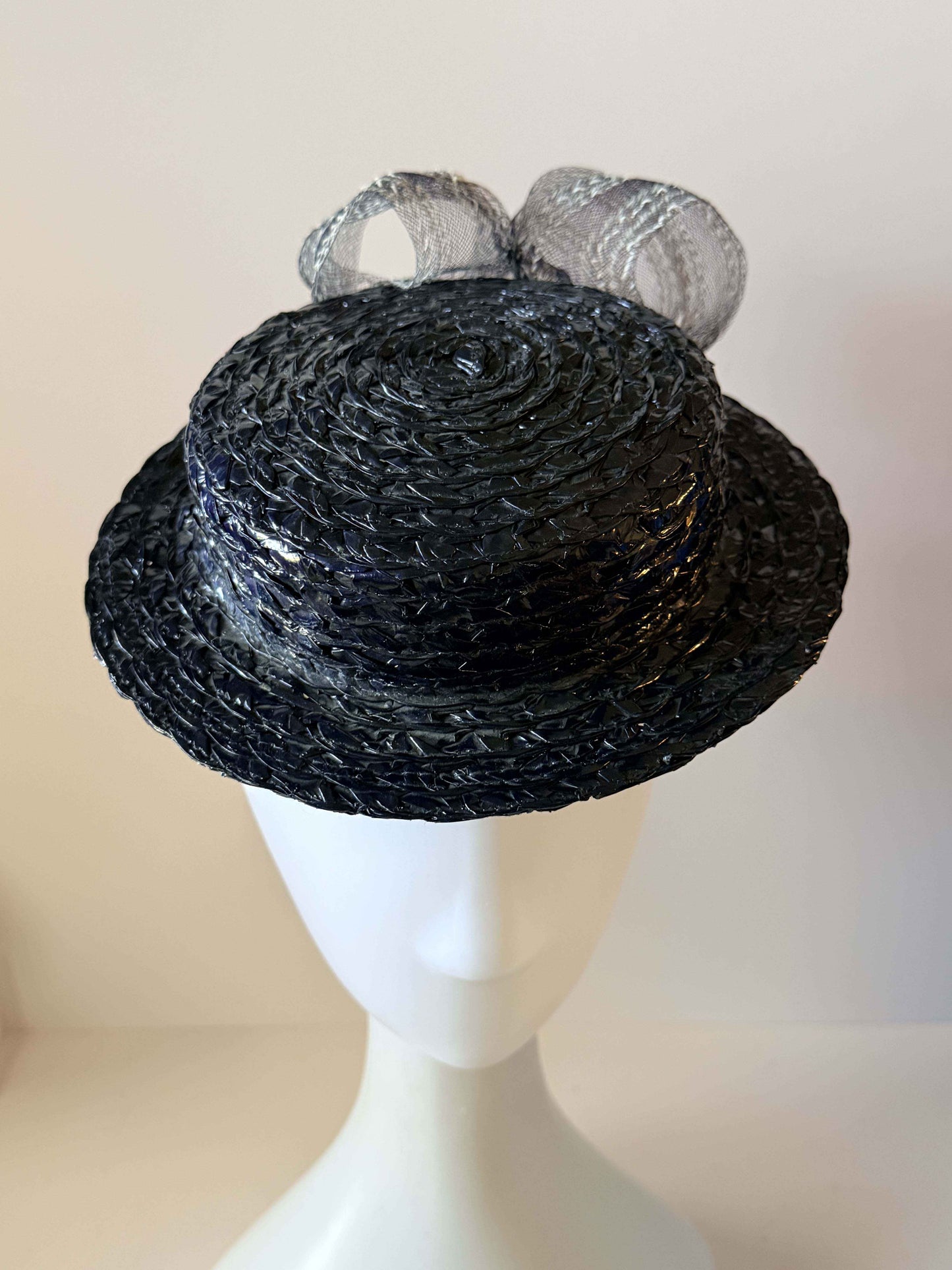 Vintage 1940s Inky Blue Black Tilt Hat | Woven Straw Cocktail Hat with Bun Strap | Sculptural Women's Millinery