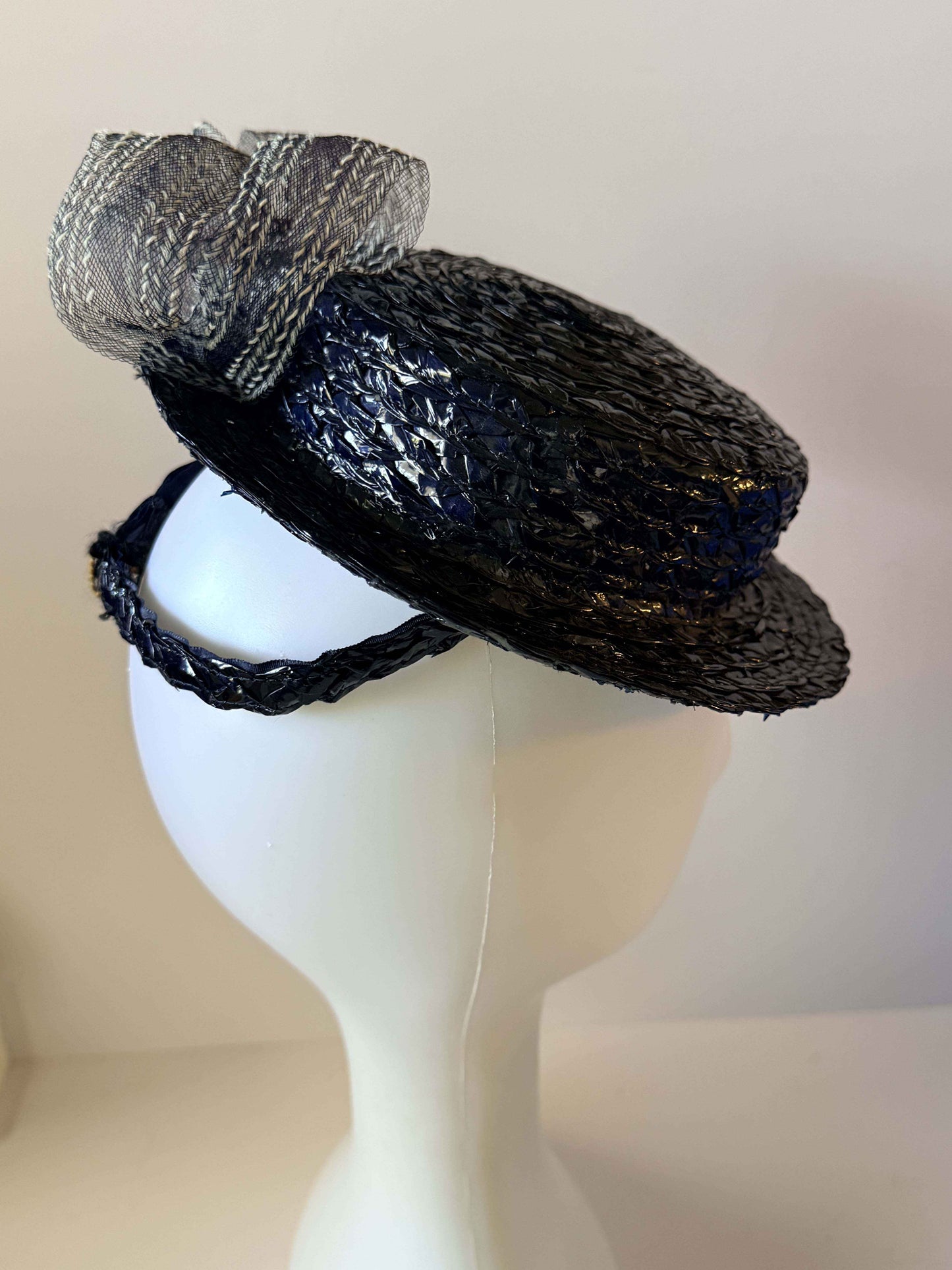 Vintage 1940s Inky Blue Black Tilt Hat | Woven Straw Cocktail Hat with Bun Strap | Sculptural Women's Millinery