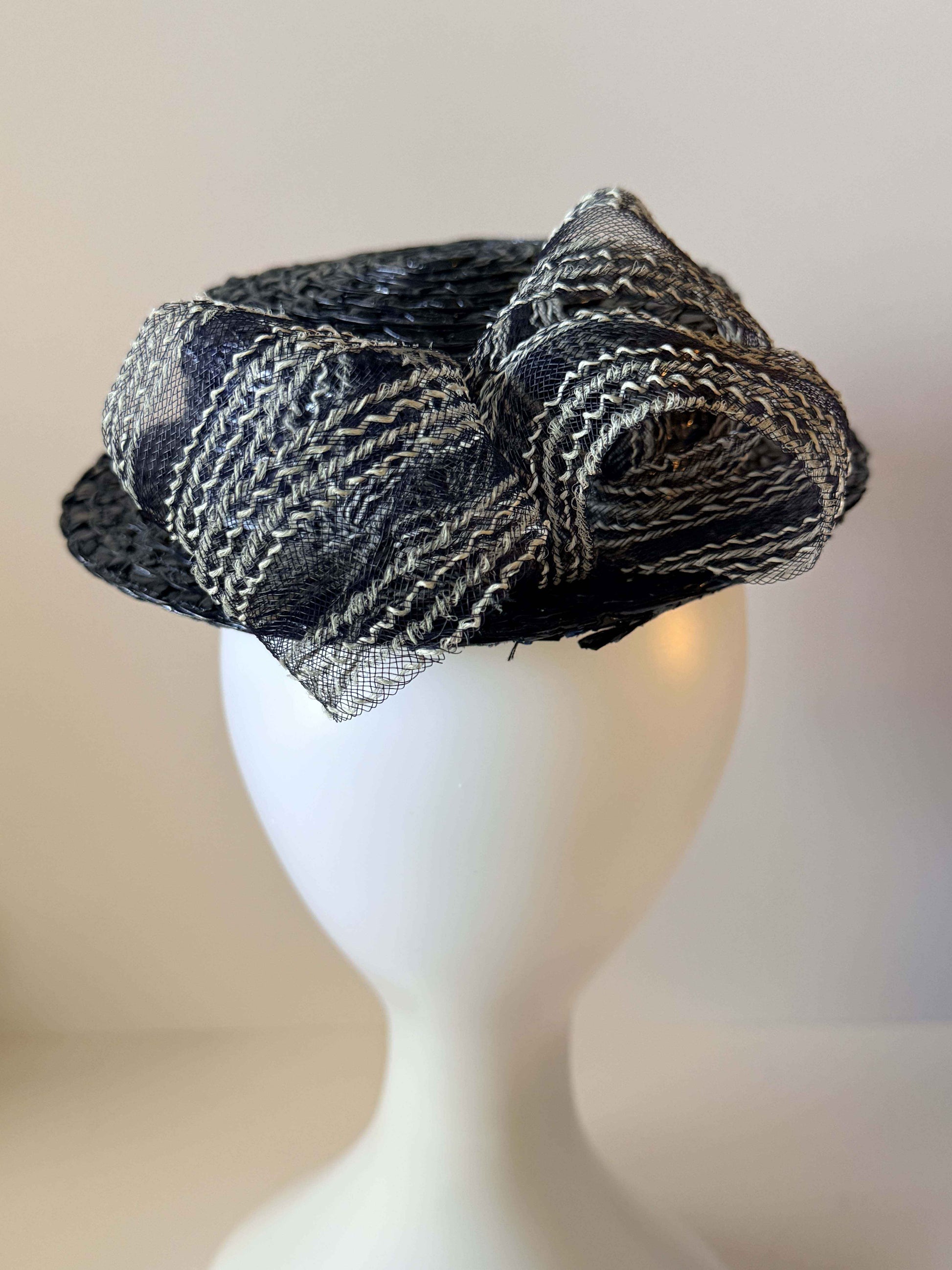 Vintage 1940s Inky Blue Black Tilt Hat | Woven Straw Cocktail Hat with Bun Strap | Sculptural Women's Millinery