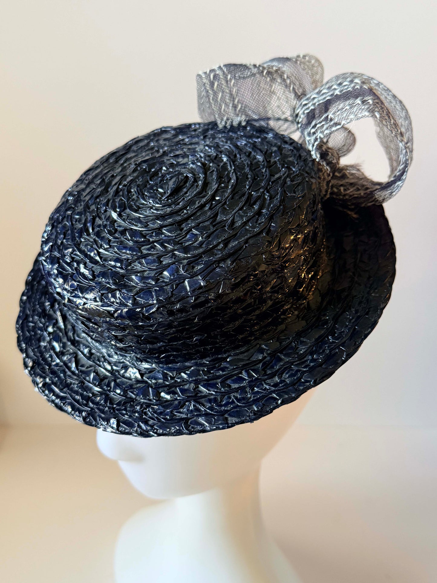 Vintage 1940s Inky Blue Black Tilt Hat | Woven Straw Cocktail Hat with Bun Strap | Sculptural Women's Millinery