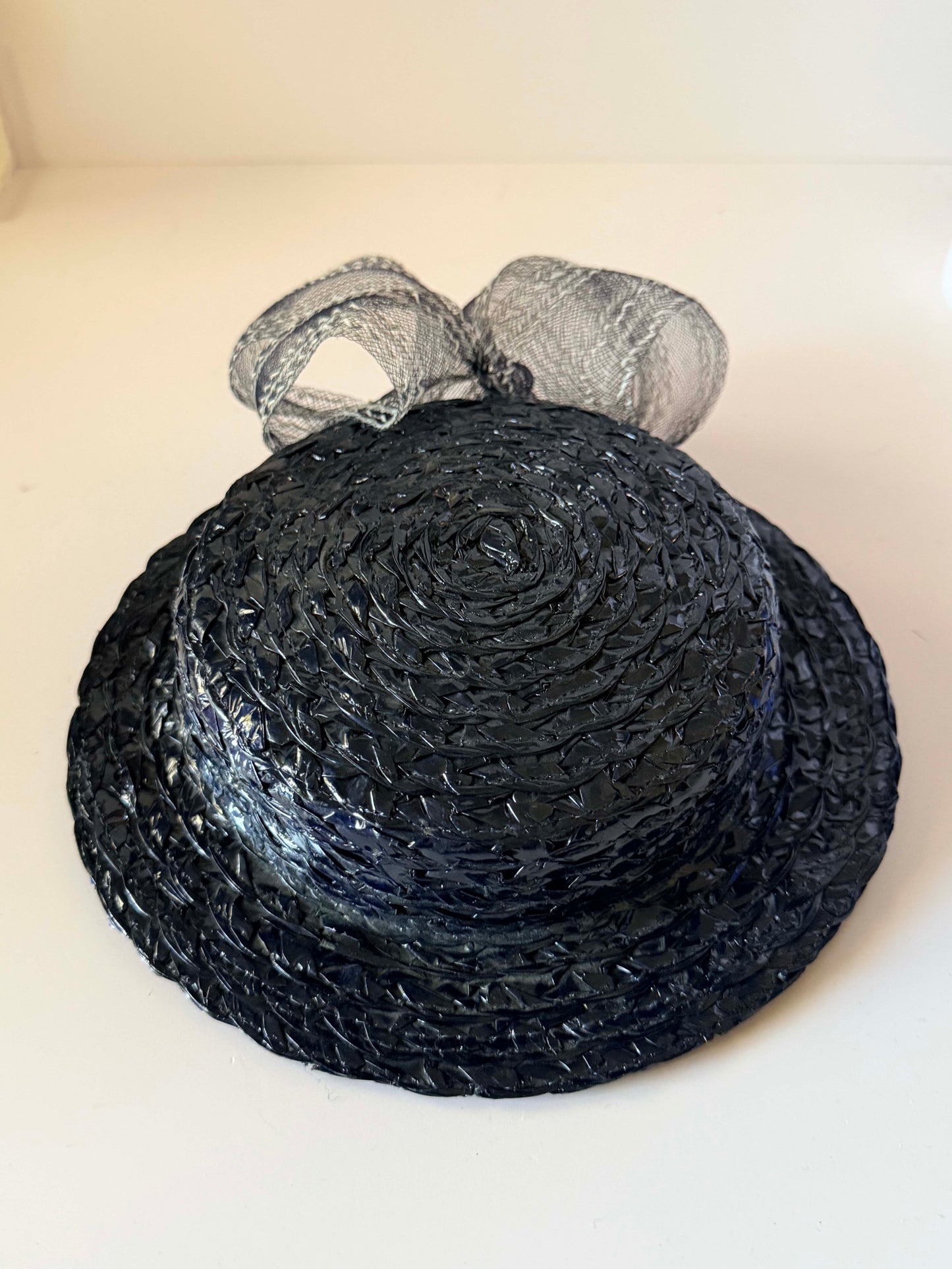 Vintage 1940s Inky Blue Black Tilt Hat | Woven Straw Cocktail Hat with Bun Strap | Sculptural Women's Millinery