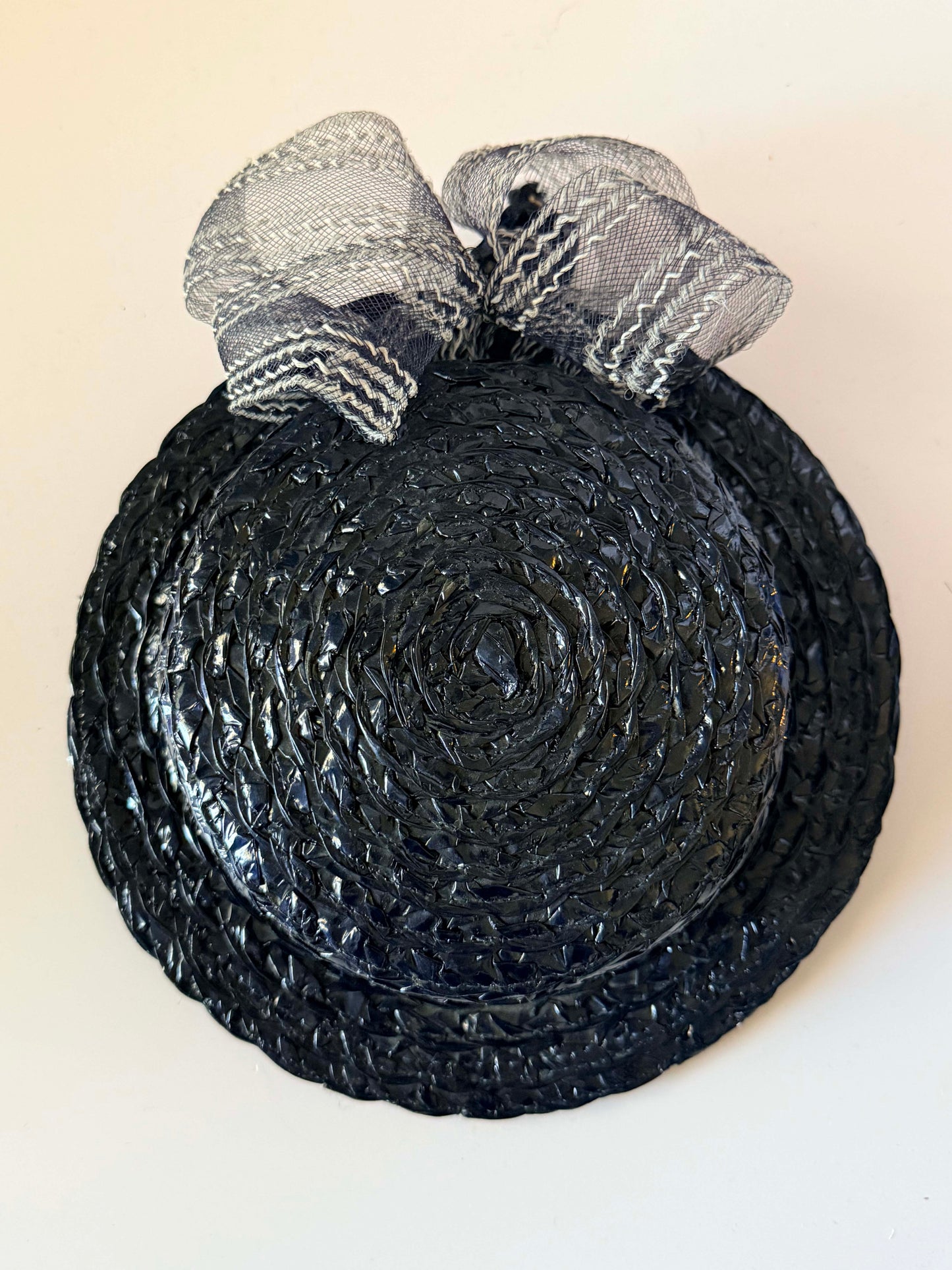 Vintage 1940s Inky Blue Black Tilt Hat | Woven Straw Cocktail Hat with Bun Strap | Sculptural Women's Millinery