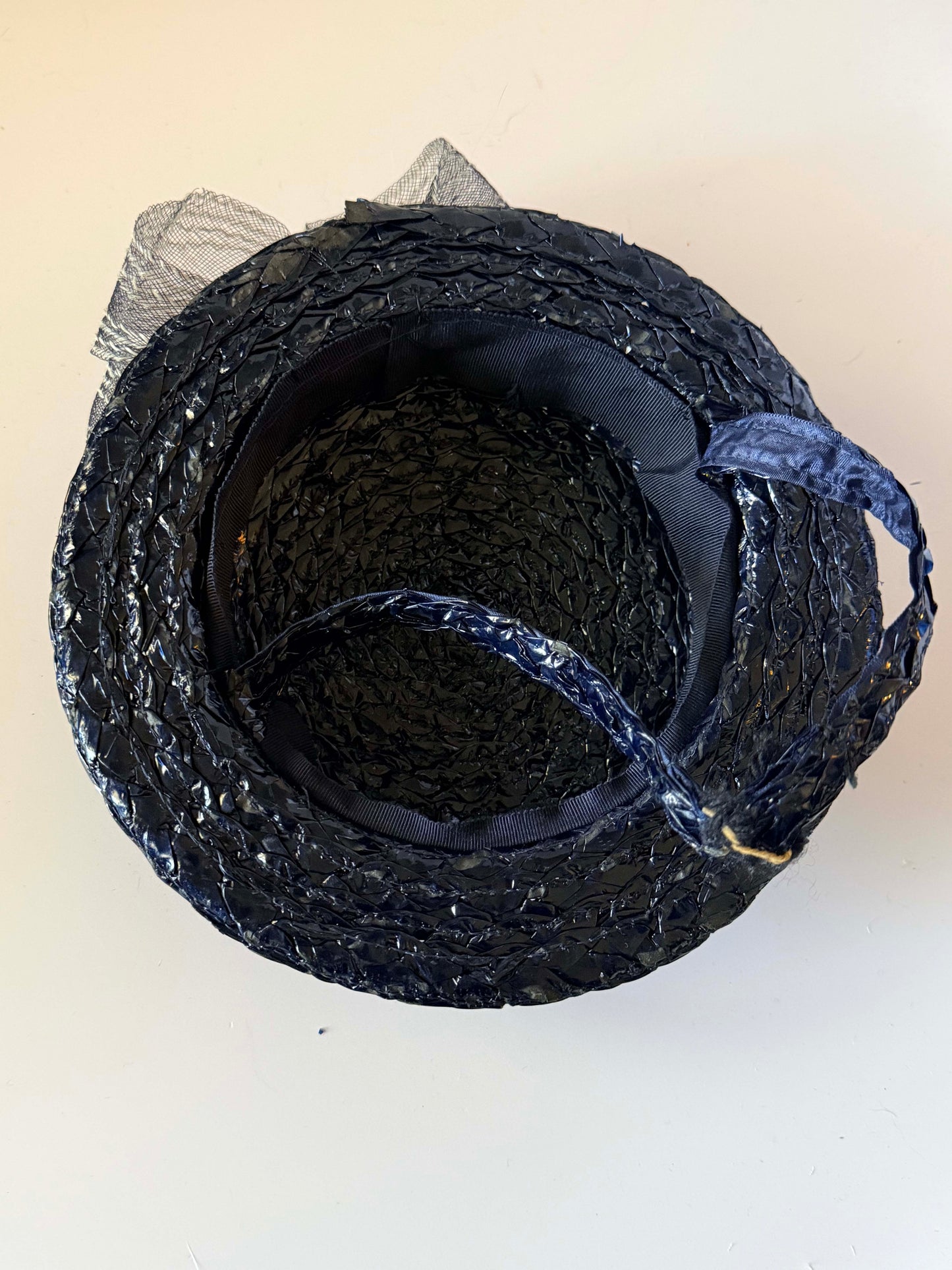 Vintage 1940s Inky Blue Black Tilt Hat | Woven Straw Cocktail Hat with Bun Strap | Sculptural Women's Millinery
